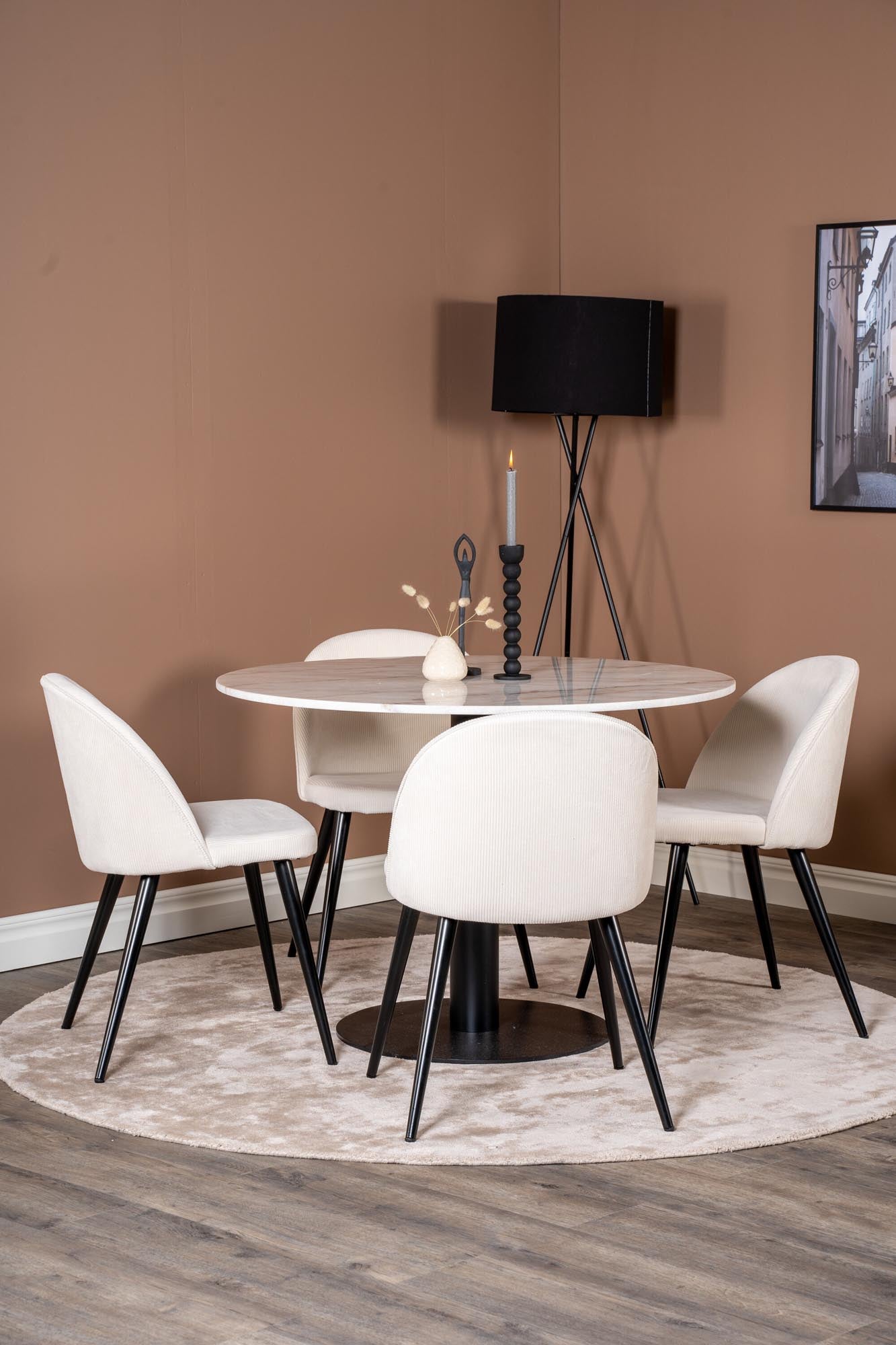 Gestalten Sie Ihr Esszimmer modern mit dem Estelle Esszimmerset von Venture Home: runder Tisch und luxuriöse Velvet-Stühle für unvergessliche Zusammenkünfte.