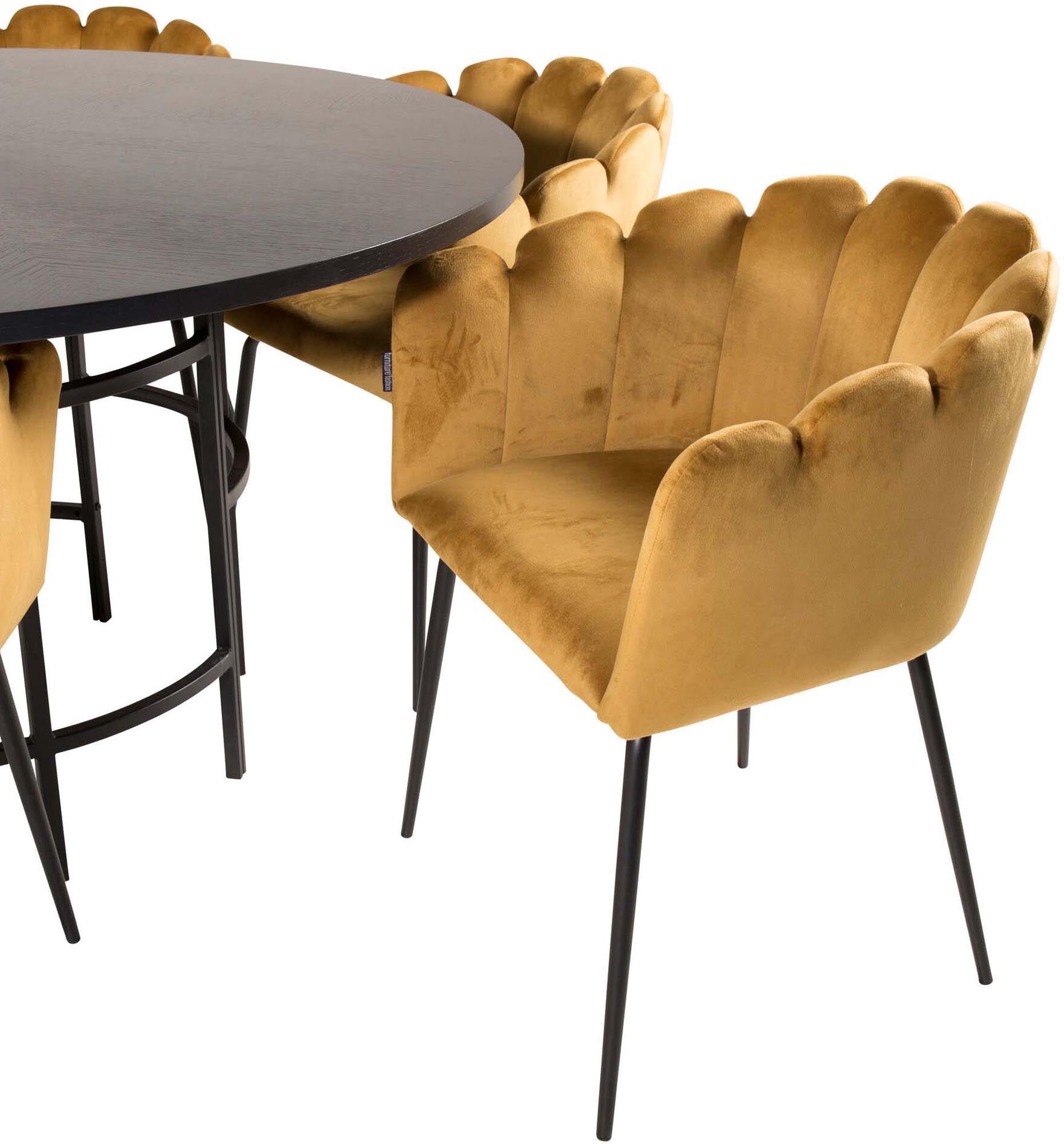 Elegantes Esszimmerset für gesellige Runden, mit Samtstühlen und pflegeleichtem Tisch.