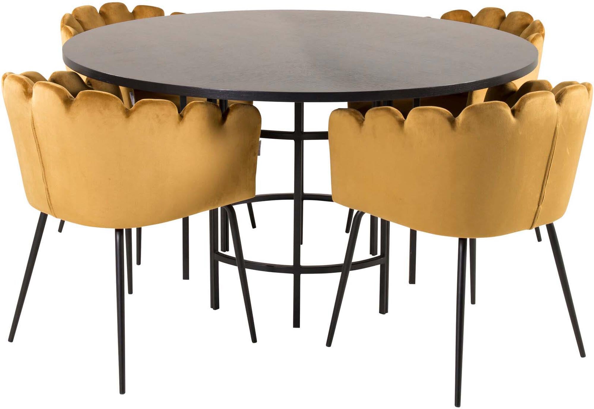 Elegantes Esszimmerset: runder Tisch mit robuster Platte, 4 luxuriöse Samtstühle, ideal für stilvolle Anlässe.