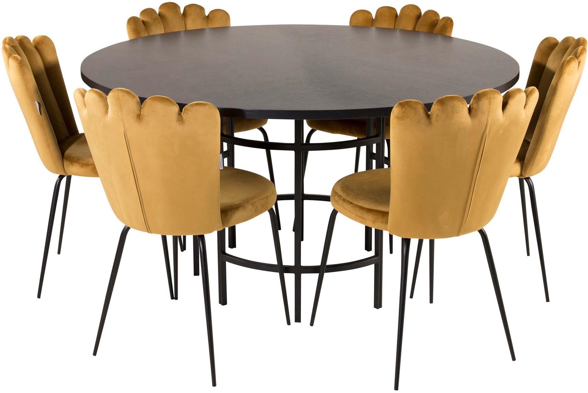 Elegantes Esszimmerset mit runden Tisch und bequemen Samtstühlen. Ideal für unvergessliche Dinnerpartys mit bis zu 6 Gästen.