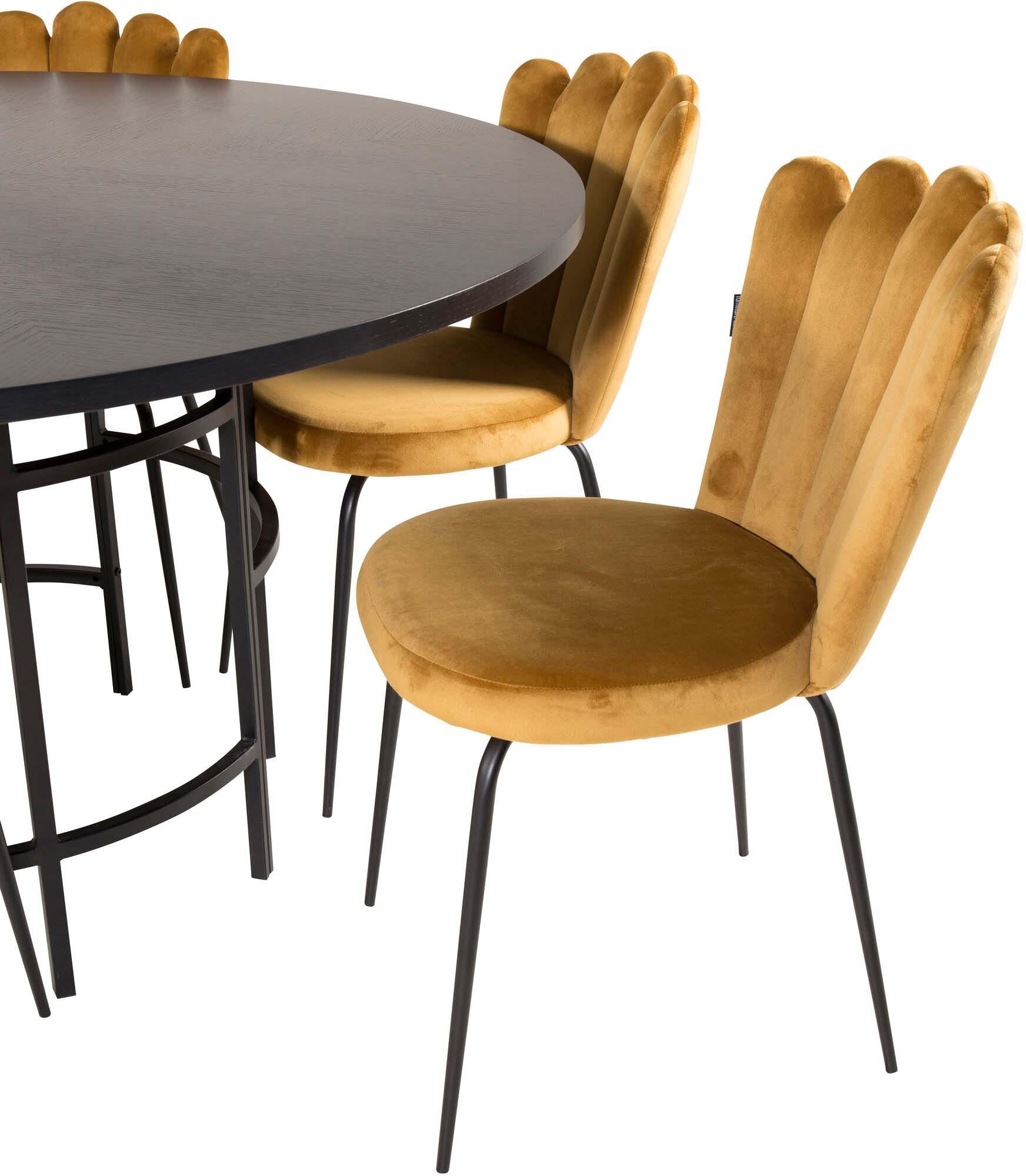 Stilvolles Esszimmerset mit runden Tisch und luxuriösen Samtstühlen. Perfekt für gesellige Abende und elegante Dinnerpartys mit bis zu 6 Personen.