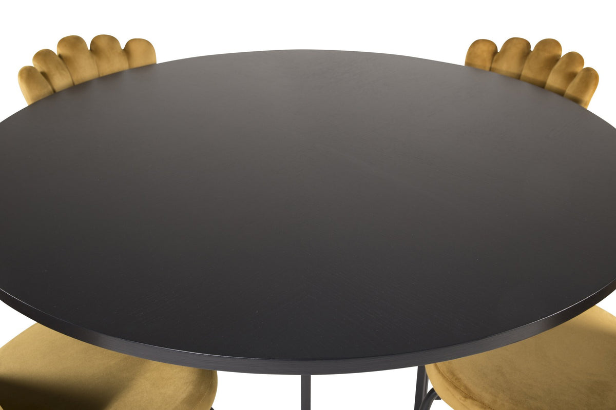 Esszimmerset Copenhagen + Limhamn Light: schwarze Tischplatte aus MDF und Furnier auf Stahlgestell, sechs gelbe Stühle mit Stahlbeinen.