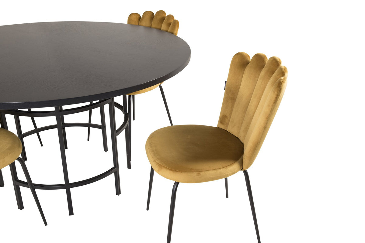 Esszimmerset Copenhagen + Limhamn Light: schwarze Tischplatte aus MDF und Furnier auf Stahlgestell, sechs gelbe Stühle mit Stahlbeinen.