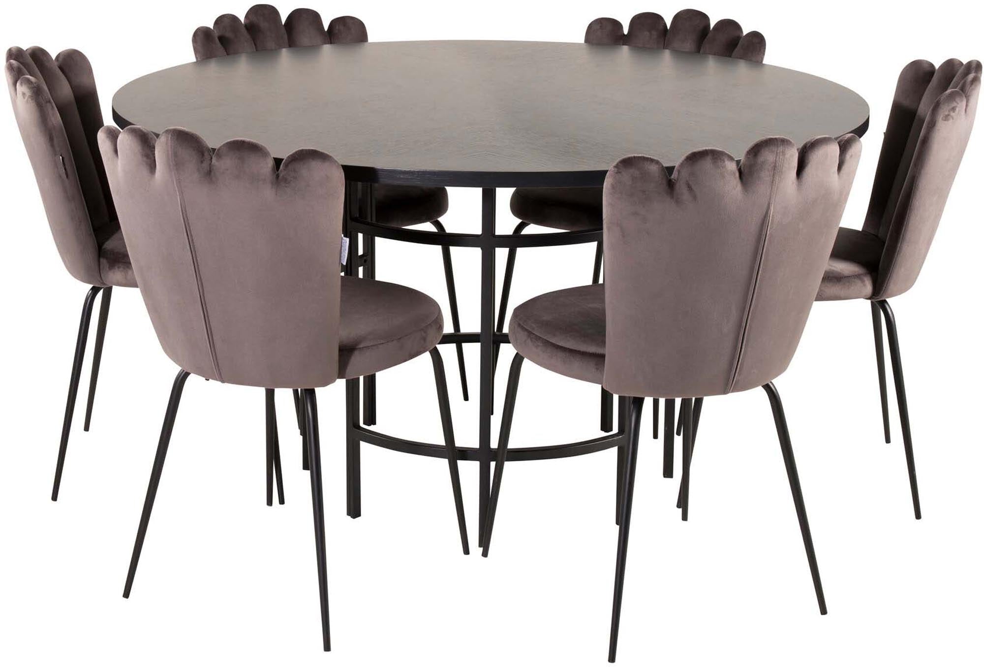 Entdecken Sie das stilvolle Esszimmerset Copenhagen + Limhamn ⌀140cm für 6 Personen. Eleganter Tisch und luxuriöse Samtstühle für gesellige Abende.