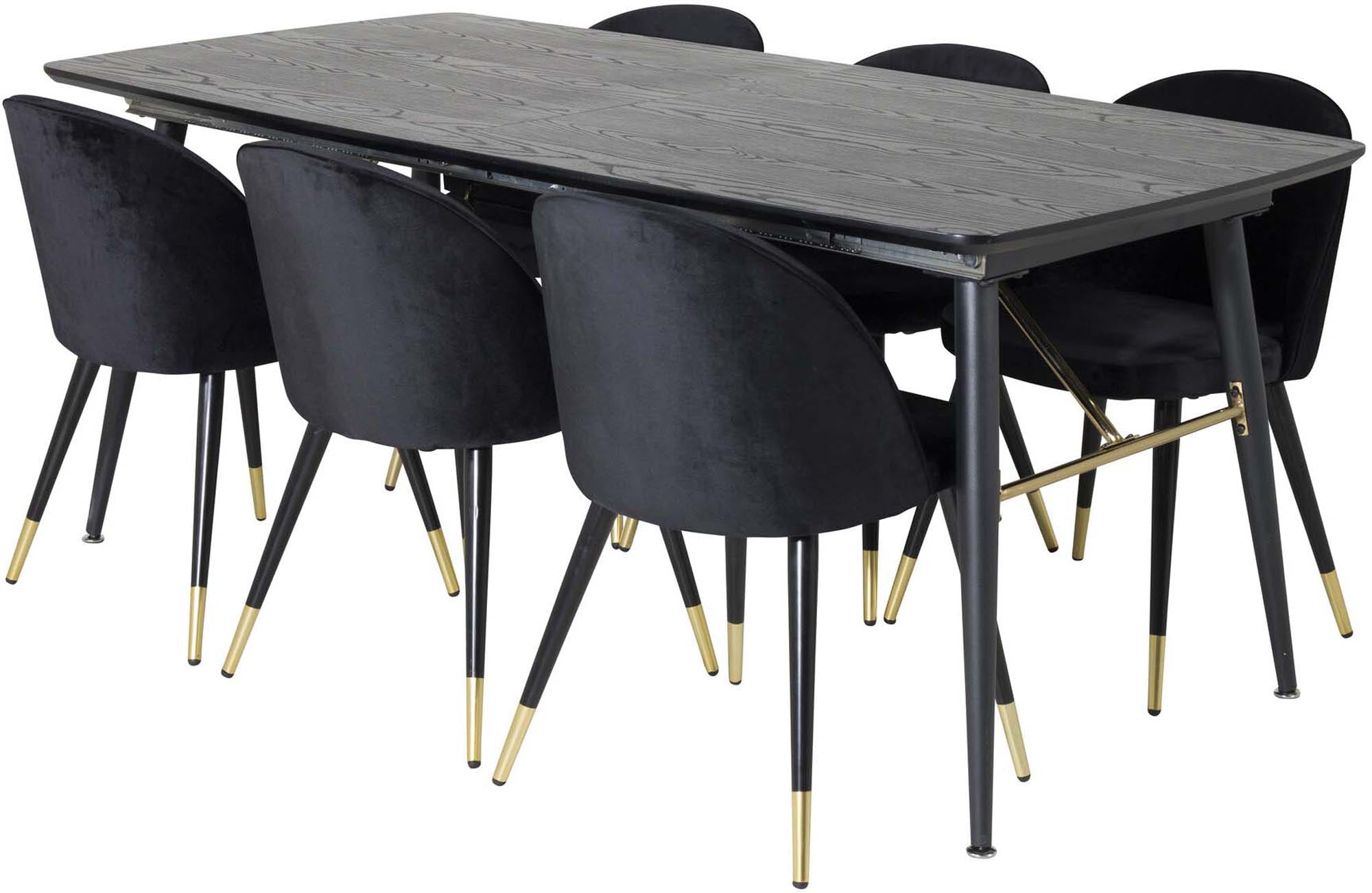 Luxuriöses Gold Esszimmerset, ausziehbar, 180cm, 6 Velvet Stühle.