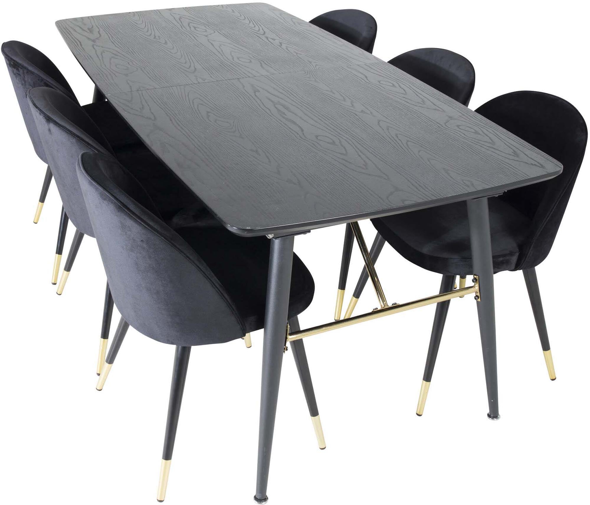 Stilvolles Gold Esszimmerset mit ausziehbarem Tisch (180 cm) und 6 luxuriösen Samt-Stühlen. Perfekt für gesellige Abende und elegante Anlässe.
