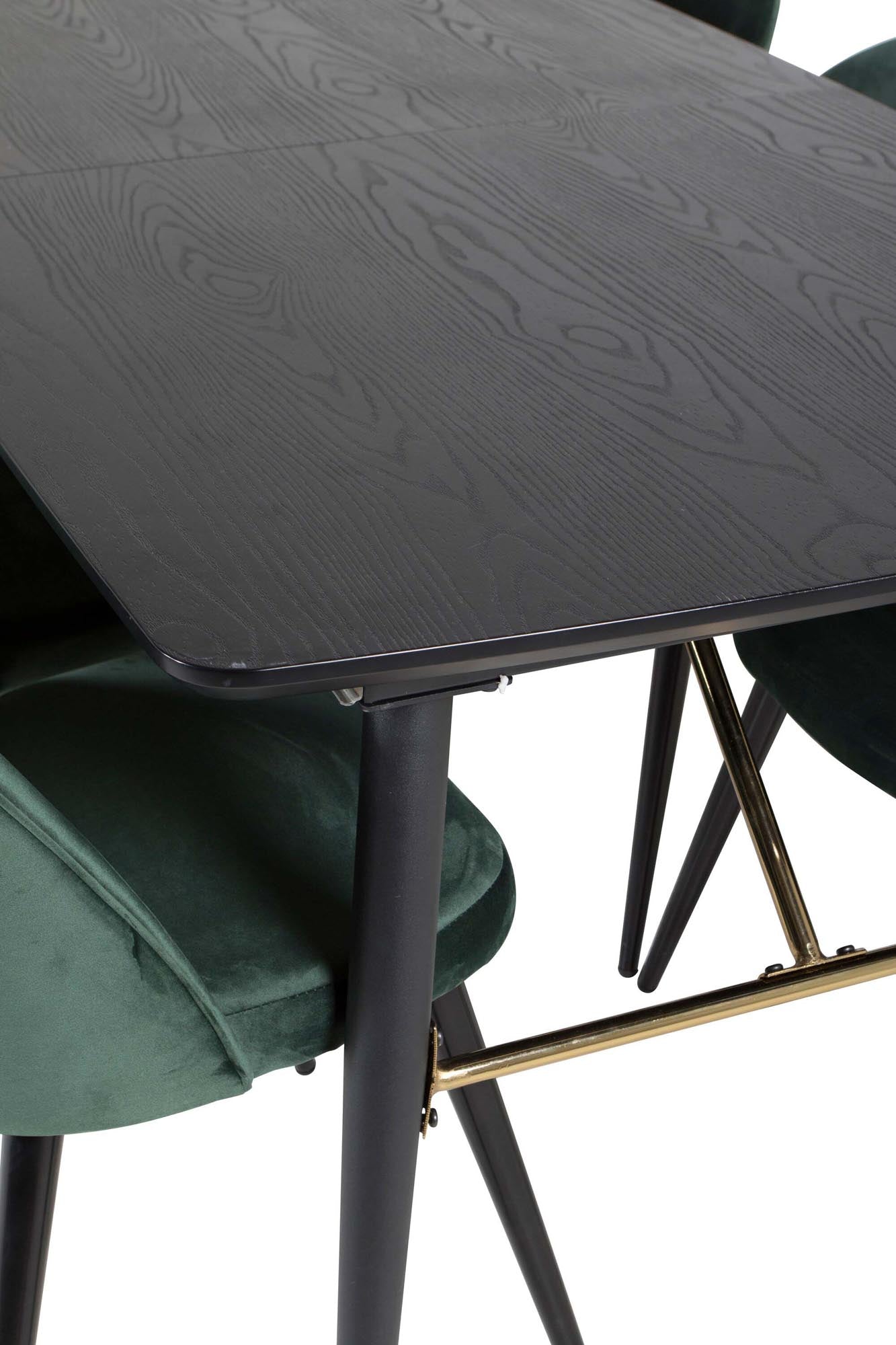 Elegantes Gold Esszimmerset mit ausziehbarem Tisch (180 cm) und luxuriösen Samt-Stühlen. Perfekt für stilvolle Dinner und gesellige Feiern.