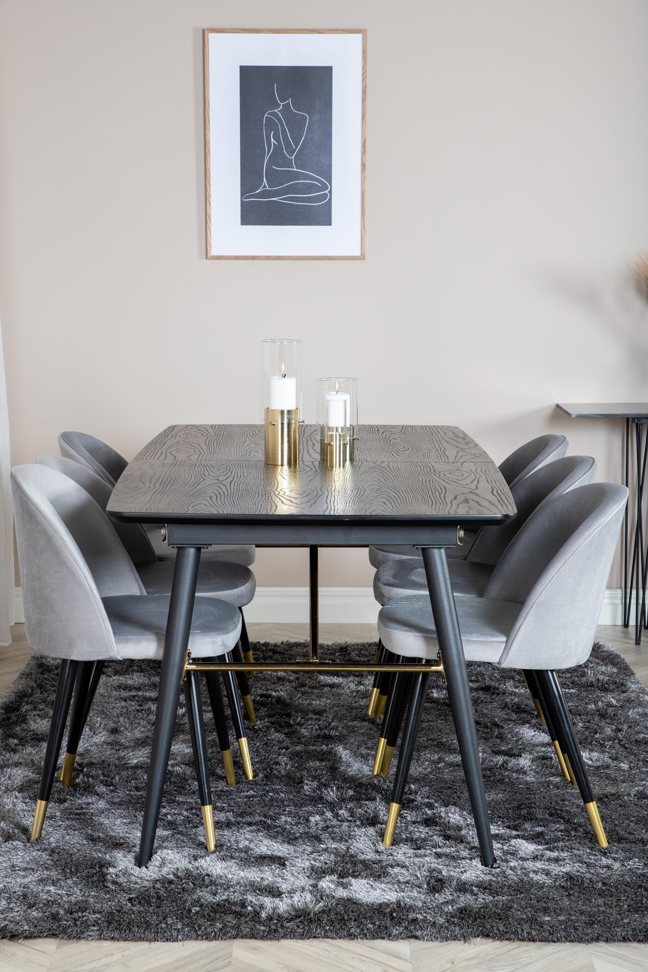 Elegantes Esszimmerset in Gold, ausziehbar, 180cm, 6 Samtstühle.