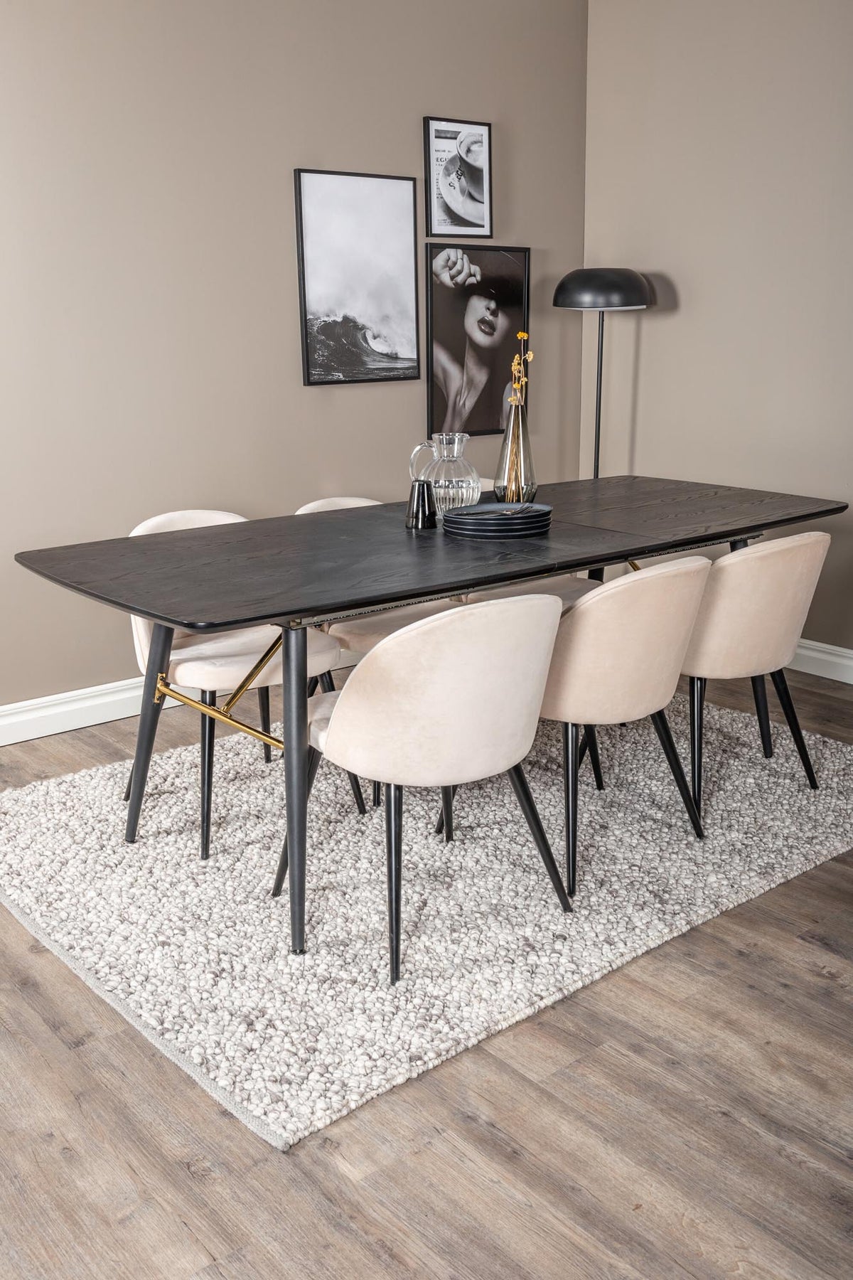 Gold Esszimmerset ausziehbar + Velvet 180cm/6St. in Beige, Schwarz präsentiert im Onlineshop von KAQTU Design AG. Esszimmerset ist von Venture Home