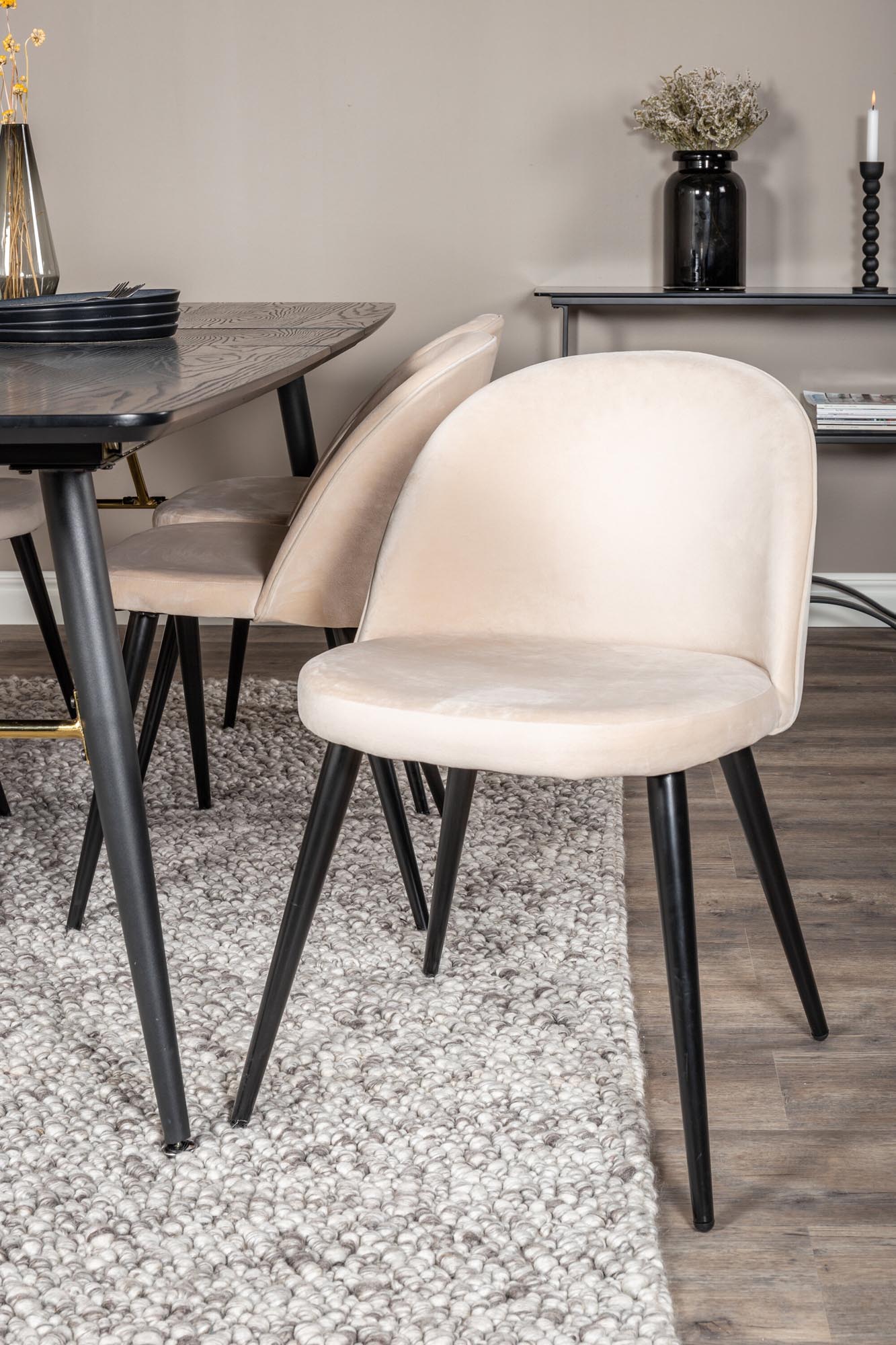 Stilvolles Esszimmerset: Gold, samtig, ausziehbar, 180cm, 6 Stühle.