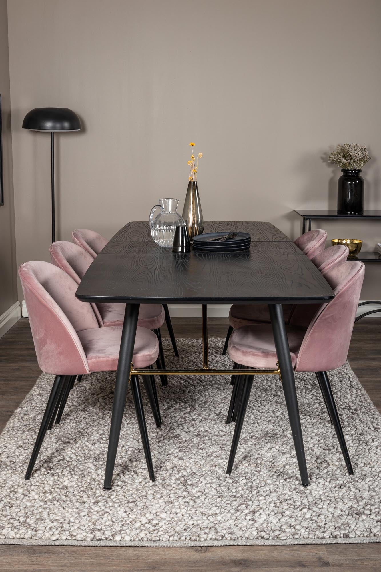 Stilvolles Gold Esszimmerset, ausziehbar, 180cm, 6 Velvet-Stühle.