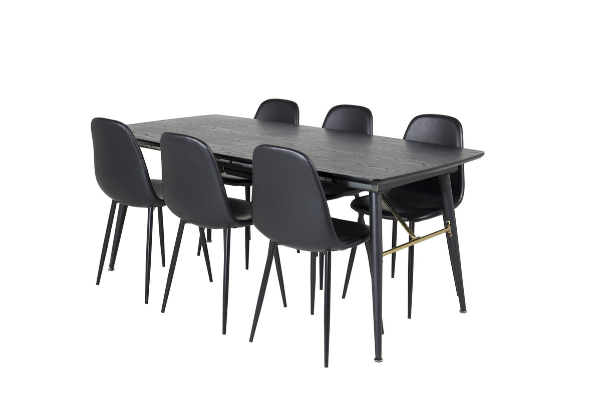 Rechteckiger Esstisch mit schwarzer MDF-Tischplatte und Stahlgestell, dazu zwei schwarze Esszimmerstühle mit gepolsterter Sitzfläche.