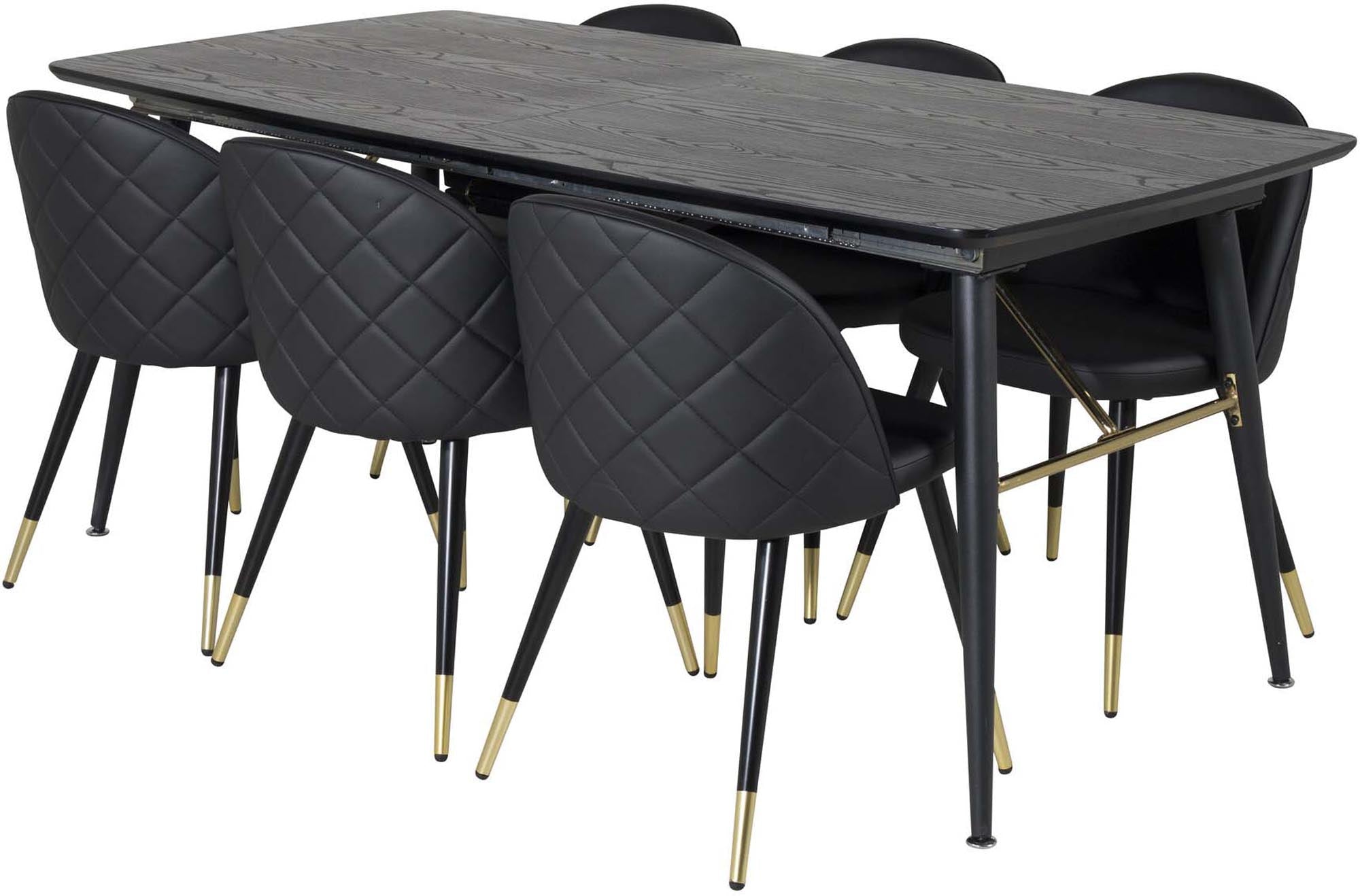 Stilvolles Gold Esszimmerset mit ausziehbarem Tisch und 6 luxuriösen Samtstühlen, ideal für gesellige Abende und festliche Anlässe.