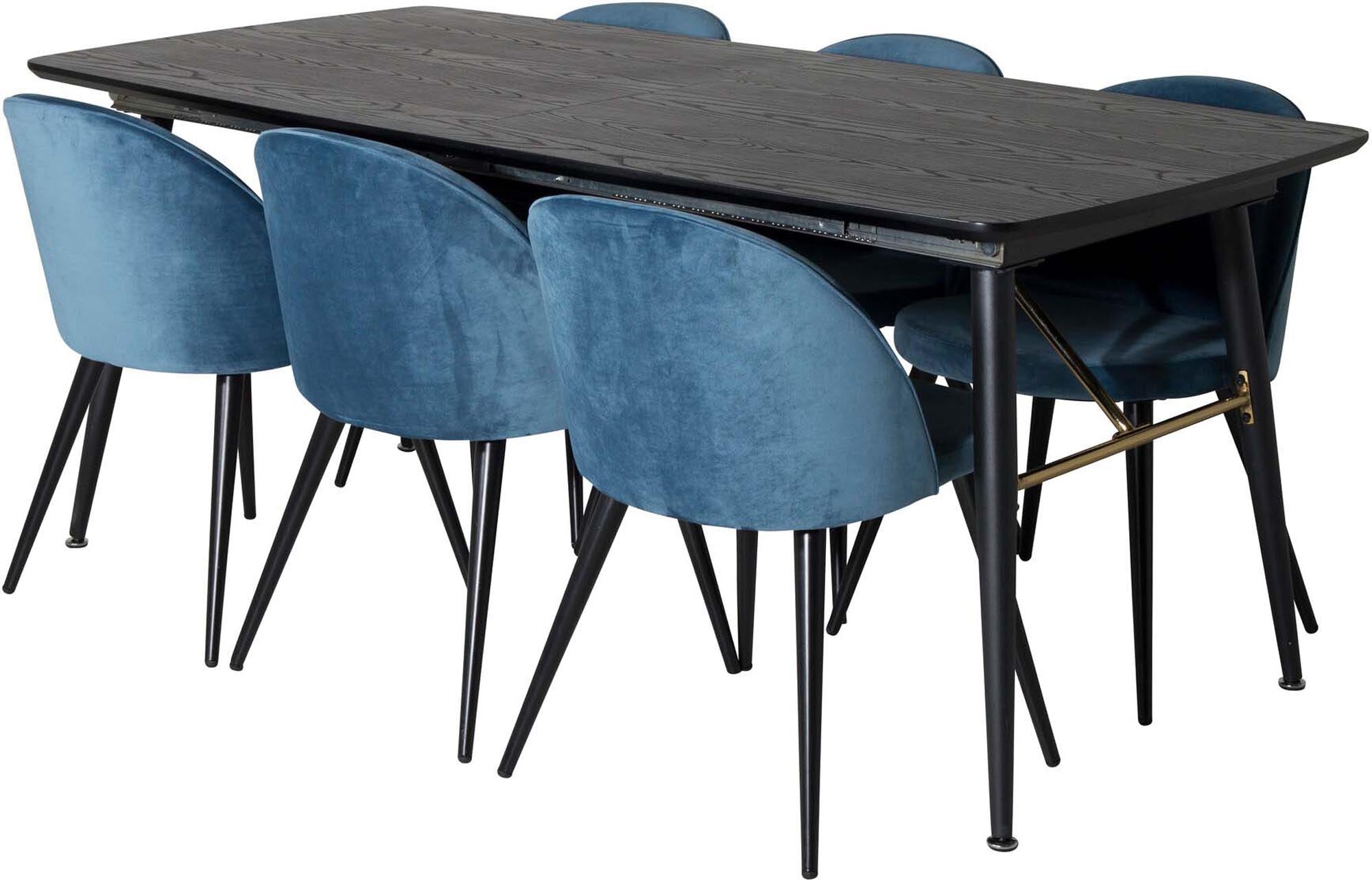 Stilvolles, ausziehbares Esszimmerset in Gold mit luxuriösen Samt-Stühlen. Ideal für gesellige Abende und festliche Anlässe.