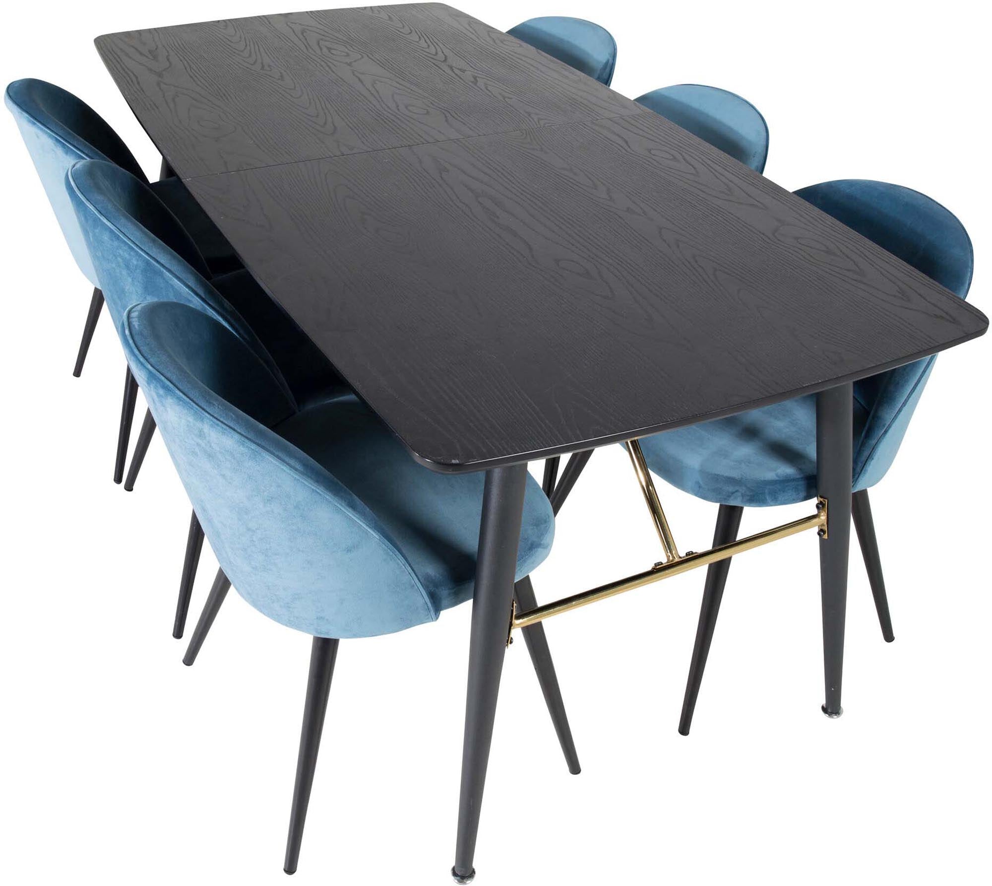 Entdecken Sie das elegante Gold Esszimmerset von Venture Home: Ausziehbarer Tisch (180 cm) und 6 luxuriöse Samtstühle für stilvolle Esszimmer.