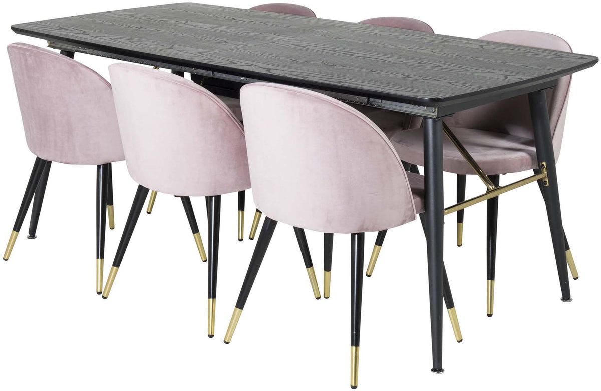 Gold Esszimmerset ausziehbar + Velvet 180cm/6St. in Schwarz, Altrosa, Gold präsentiert im Onlineshop von KAQTU Design AG. Esszimmerset ist von Venture Home