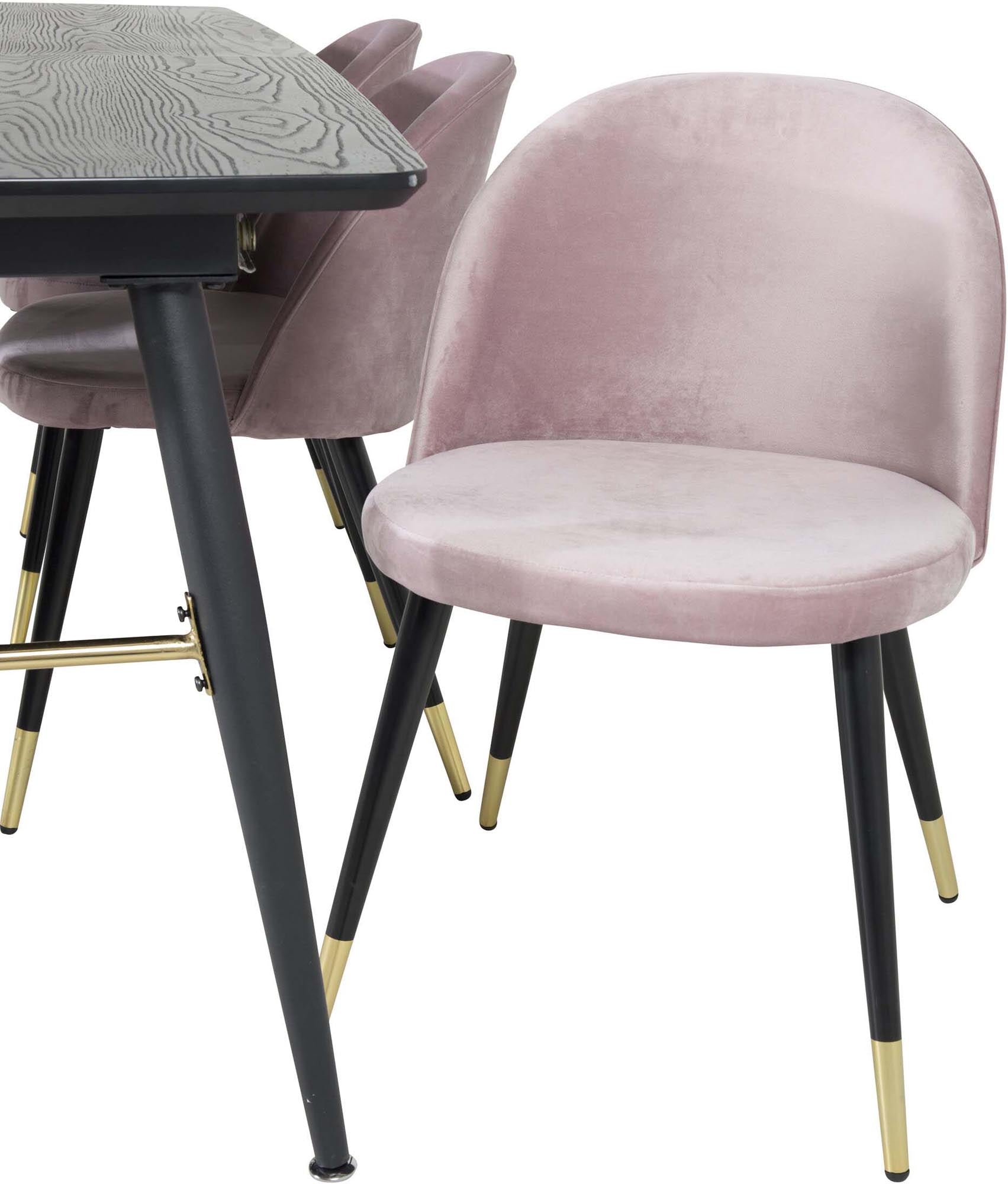 Elegantes, ausziehbares Esszimmerset in Gold mit 180 cm Tisch und 6 luxuriösen Samtstühlen für stilvolle Dinner und gesellige Runden.