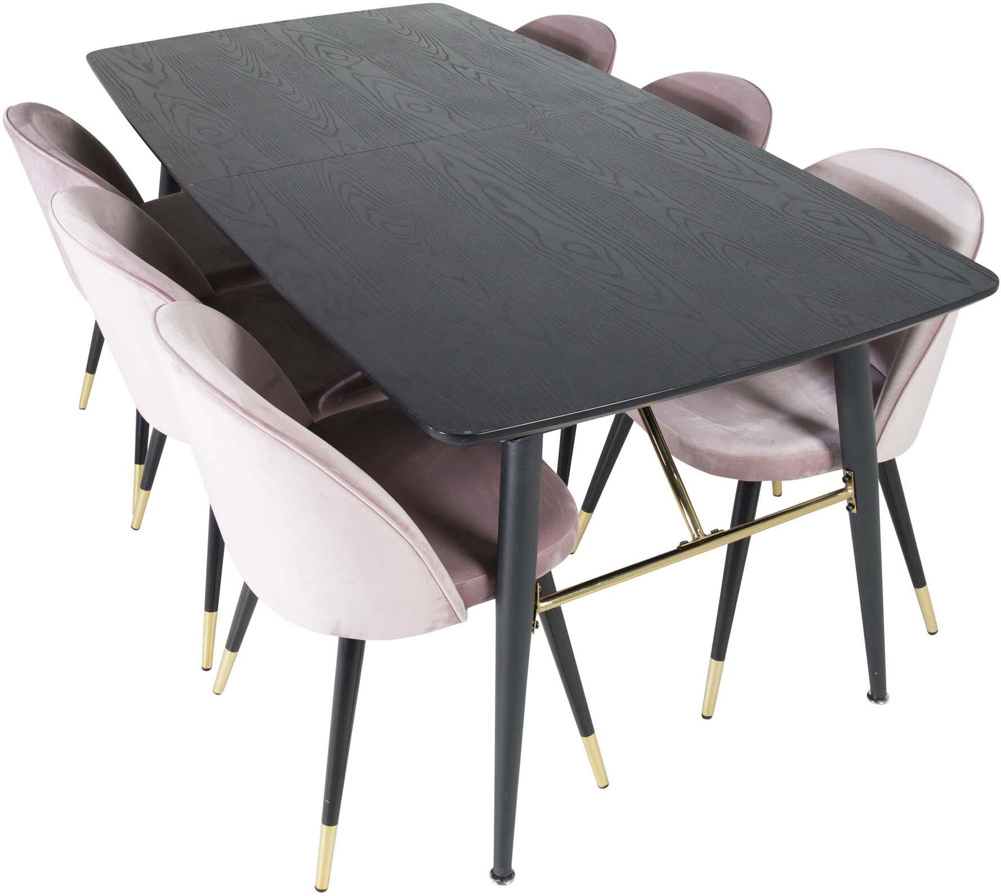 Luxuriöses Esszimmerset in Gold, ausziehbar, mit 6 Samtstühlen.