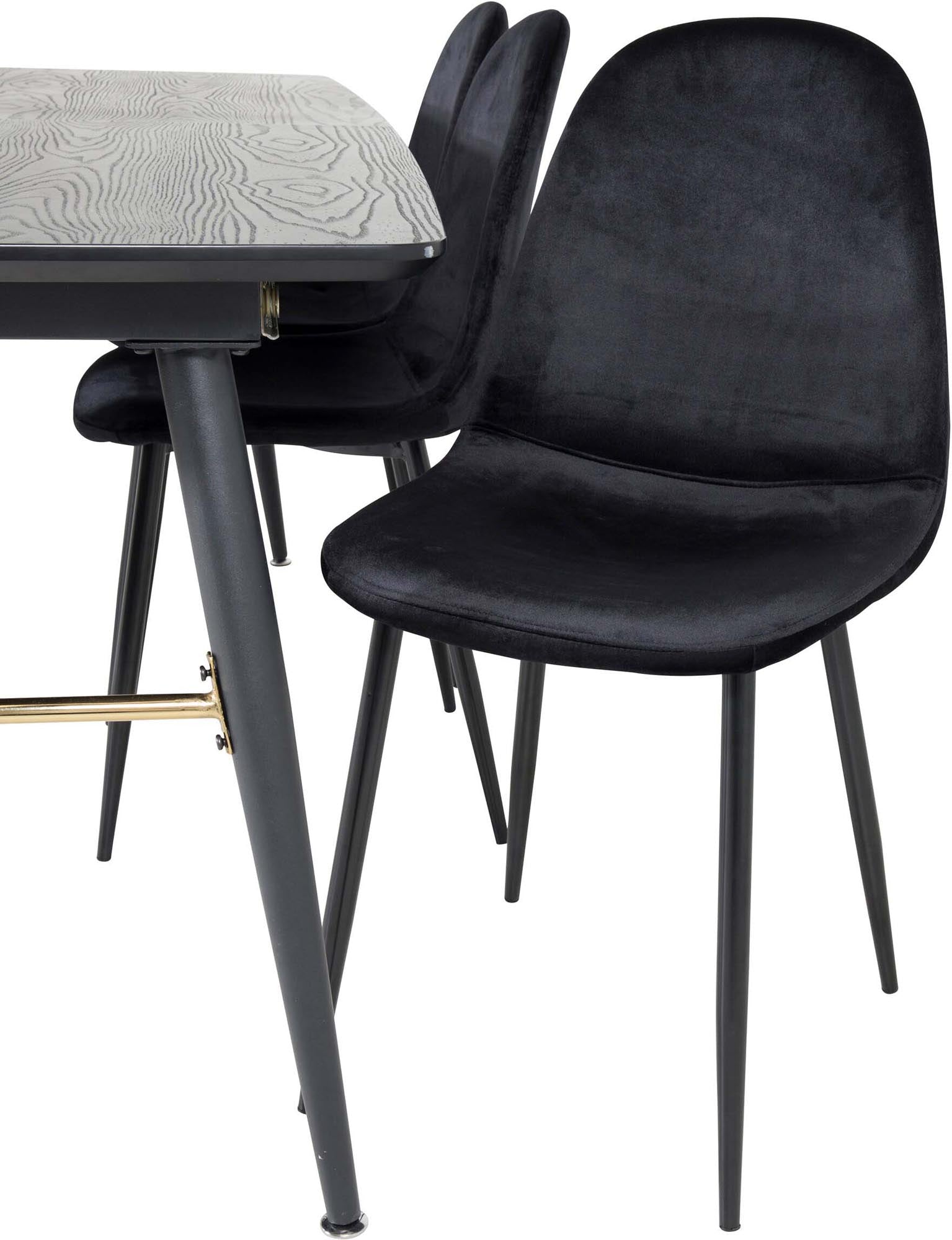 Stilvolles, ausziehbares Esszimmerset mit edlen Golddetails und komfortablen Samt-Stühlen für gesellige Abende mit bis zu 6 Personen.