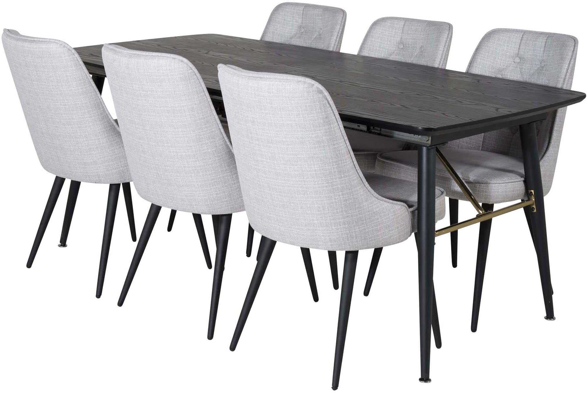 Luxuriöses Esszimmerset mit ausziehbarem Tisch und Samtstühlen.