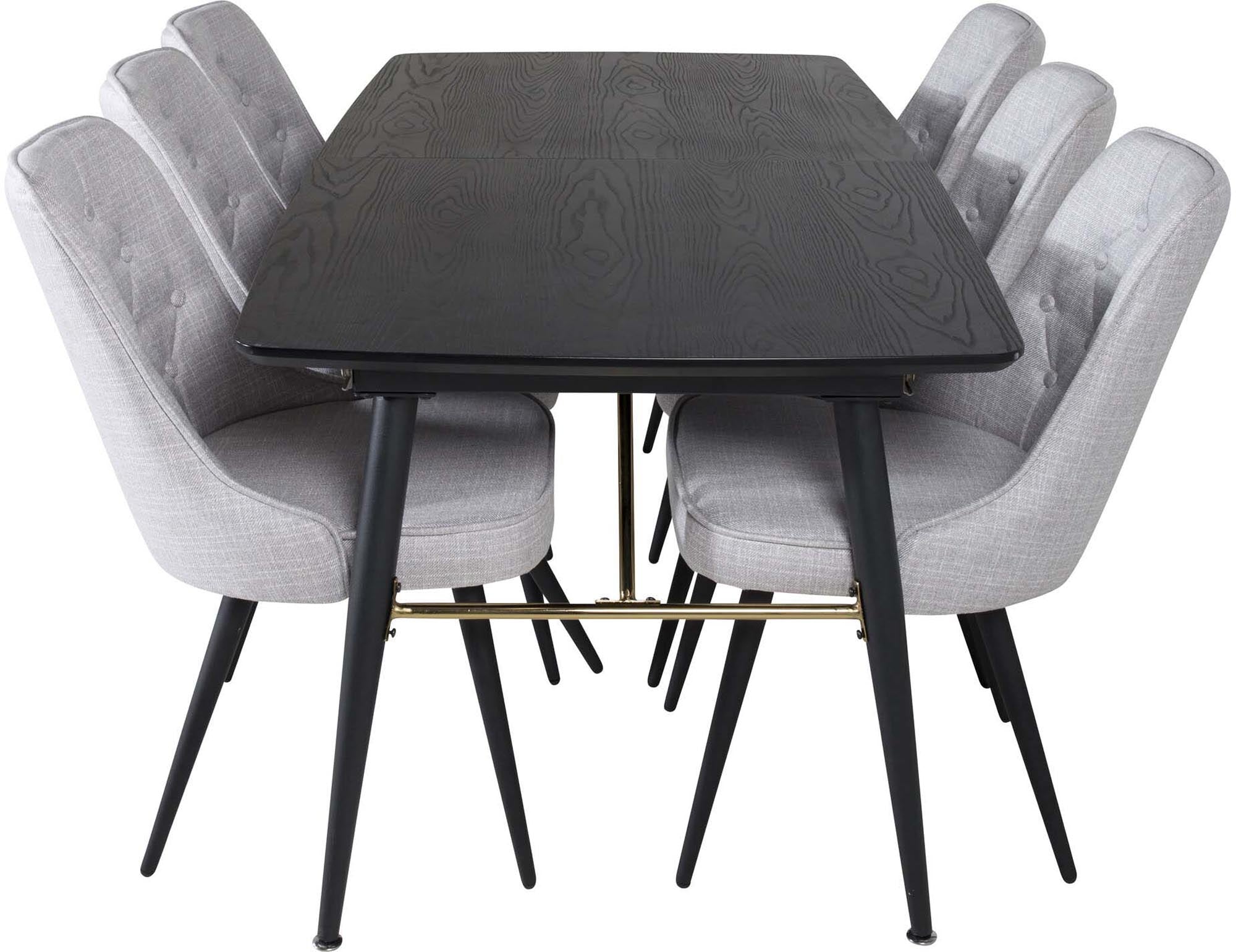 Elegantes Gold Esszimmerset mit ausziehbarem Tisch und Samtstühlen.