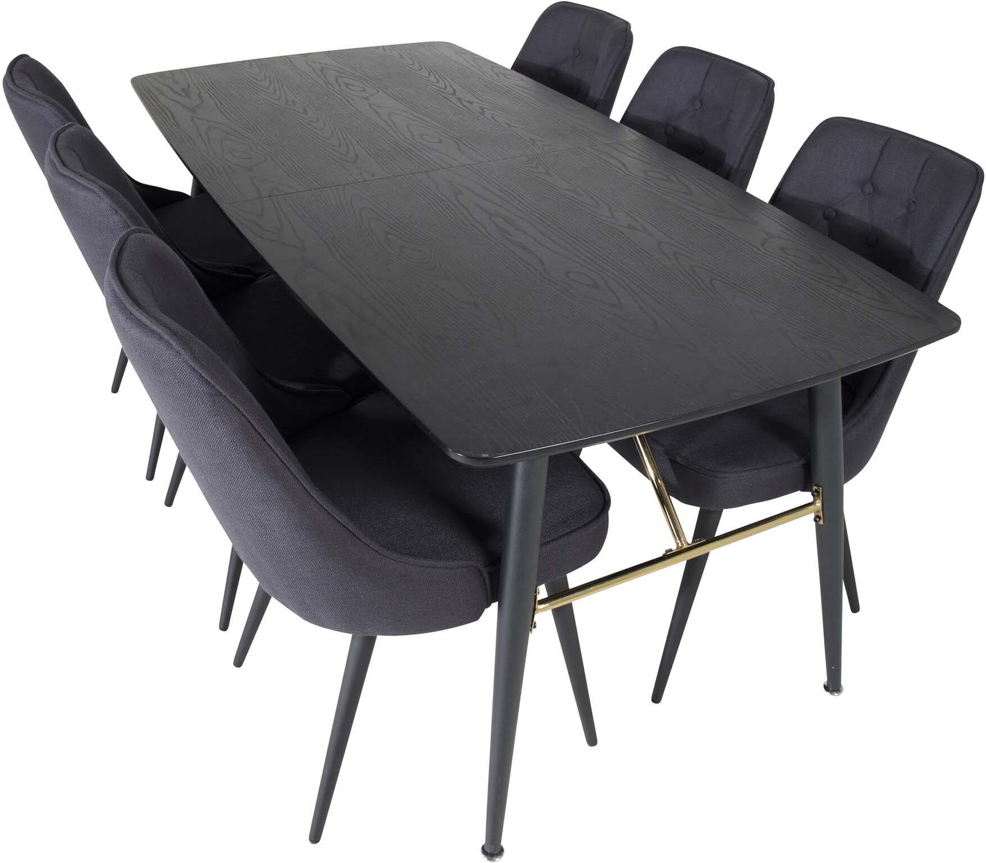 Elegantes Esszimmerset mit goldfarbenem, ausziehbarem Tisch und luxuriösen Velvet-Stühlen für unvergessliche Dinner und gemütliche Abende.