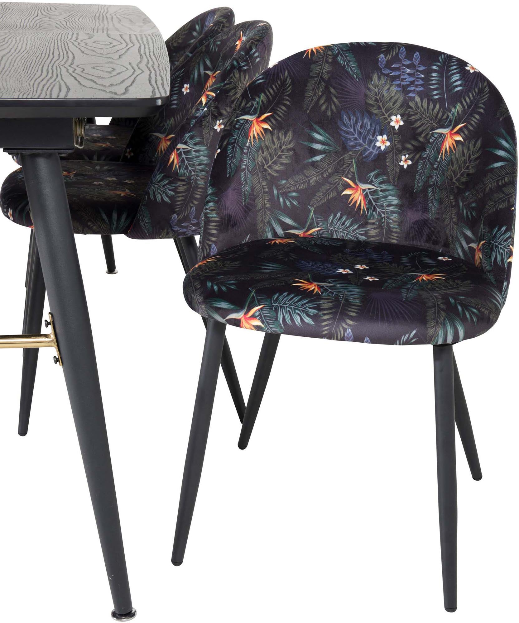 Stilvolles, ausziehbares Esszimmerset in Gold mit luxuriösen Samt-Stühlen. Ideal für gesellige Abende und festliche Anlässe.