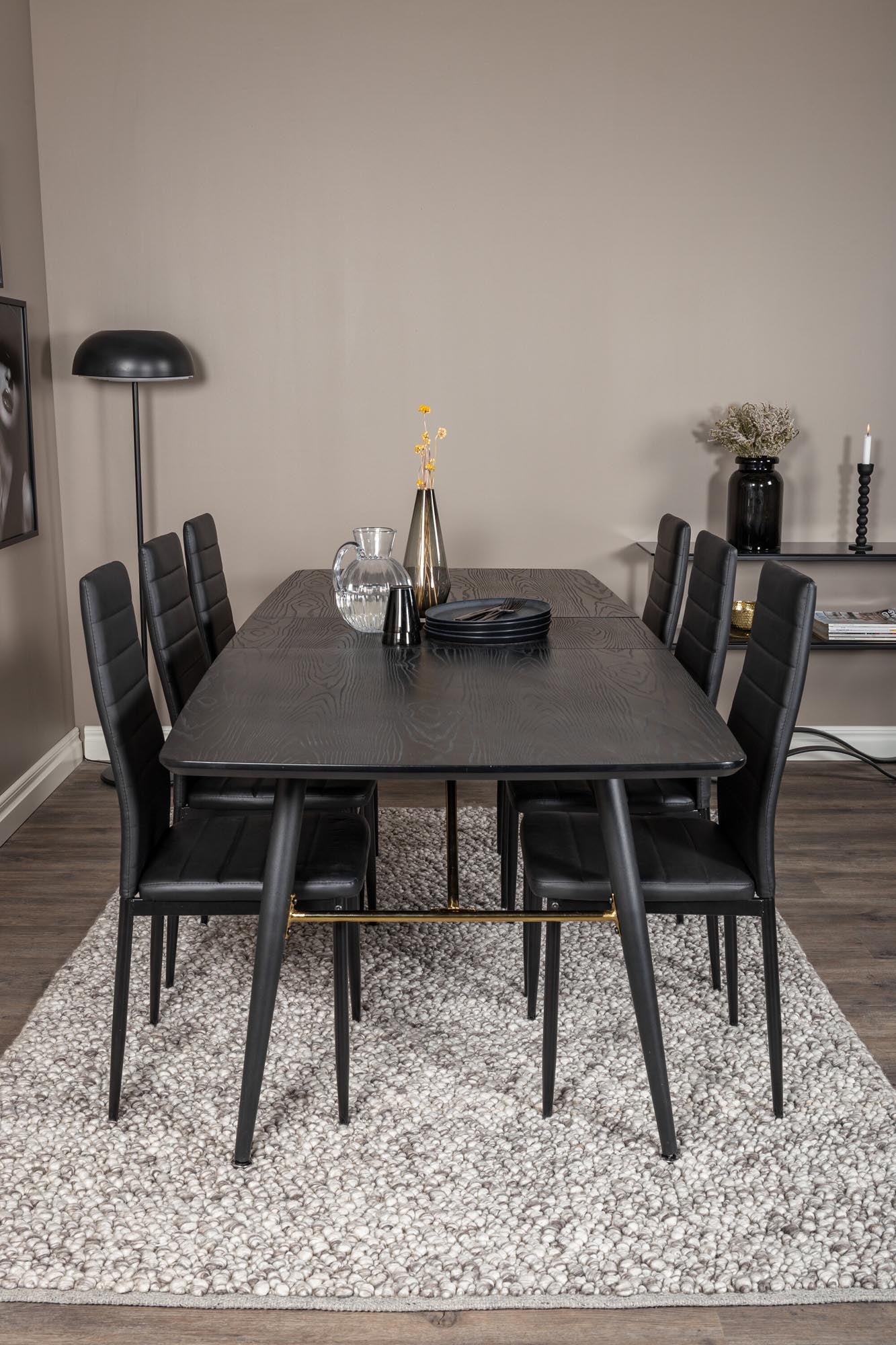 Stilvolles Gold Esszimmerset von Venture Home: Ausziehbarer Tisch (180cm) und 6 bequeme Slim-Stühle für harmonische Esszimmermomente.