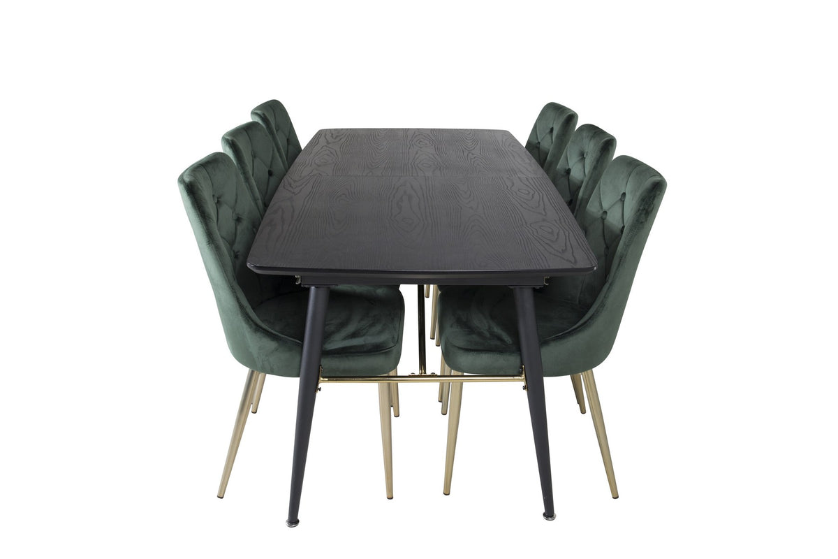 Rechteckiger Esstisch mit schwarzer MDF-Tischplatte und Stahlbeinen, dazu zwei grüne Velvet-Esszimmerstühle mit Messing-Pulverbeschichtung.