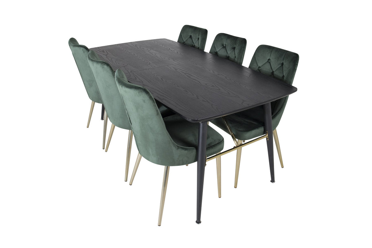 Rechteckiger Esstisch mit schwarzer MDF-Tischplatte und Stahlbeinen, dazu zwei grüne Velvet-Esszimmerstühle mit Messing-Pulverbeschichtung.