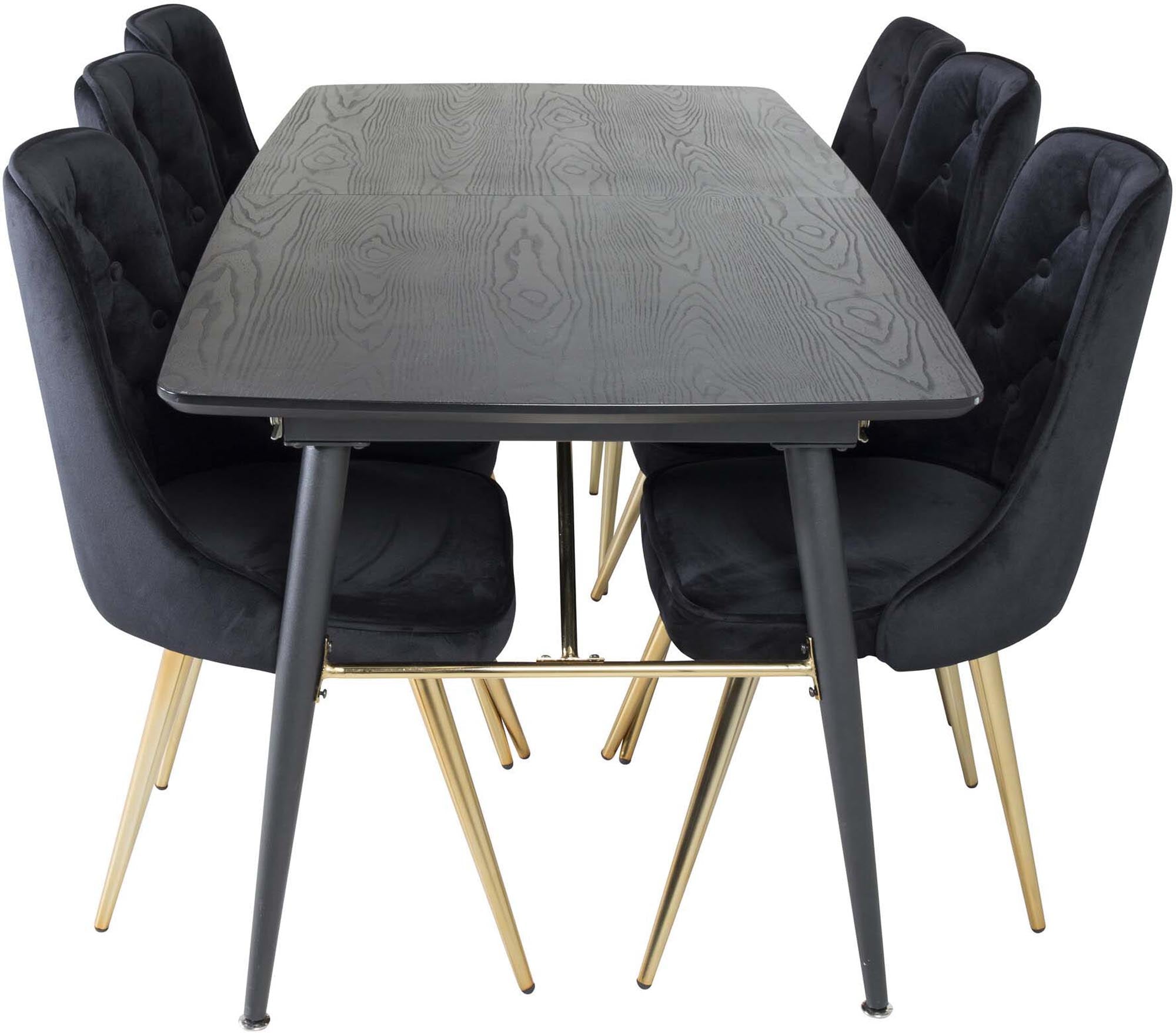 Stilvolles Esszimmerset mit ausziehbarem Tisch und Samtstühlen.