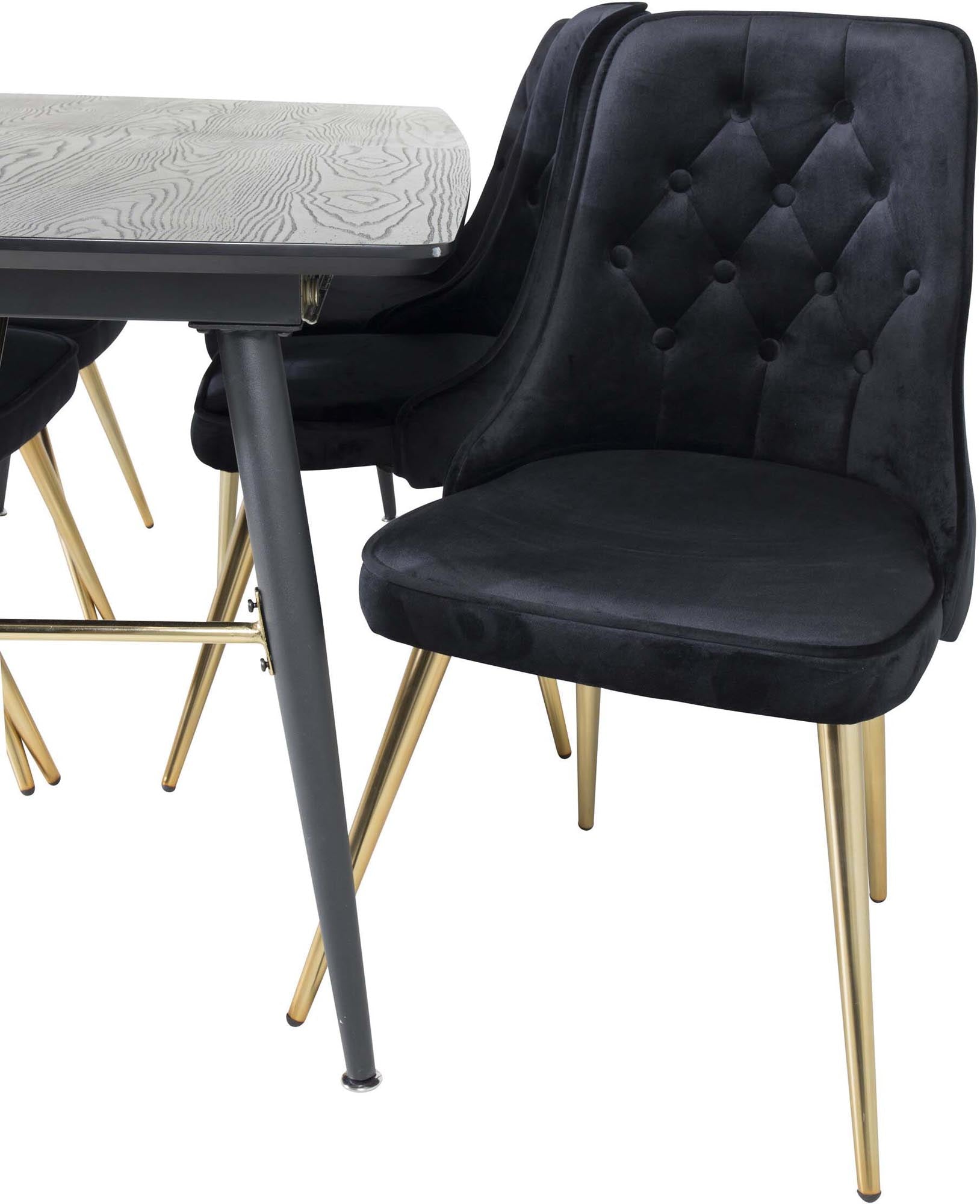 Elegantes Esszimmerset mit goldfarbenem, ausziehbarem Tisch und stilvollen Velvet-Stühlen für unvergessliche Dinner und gemütliche Abende.