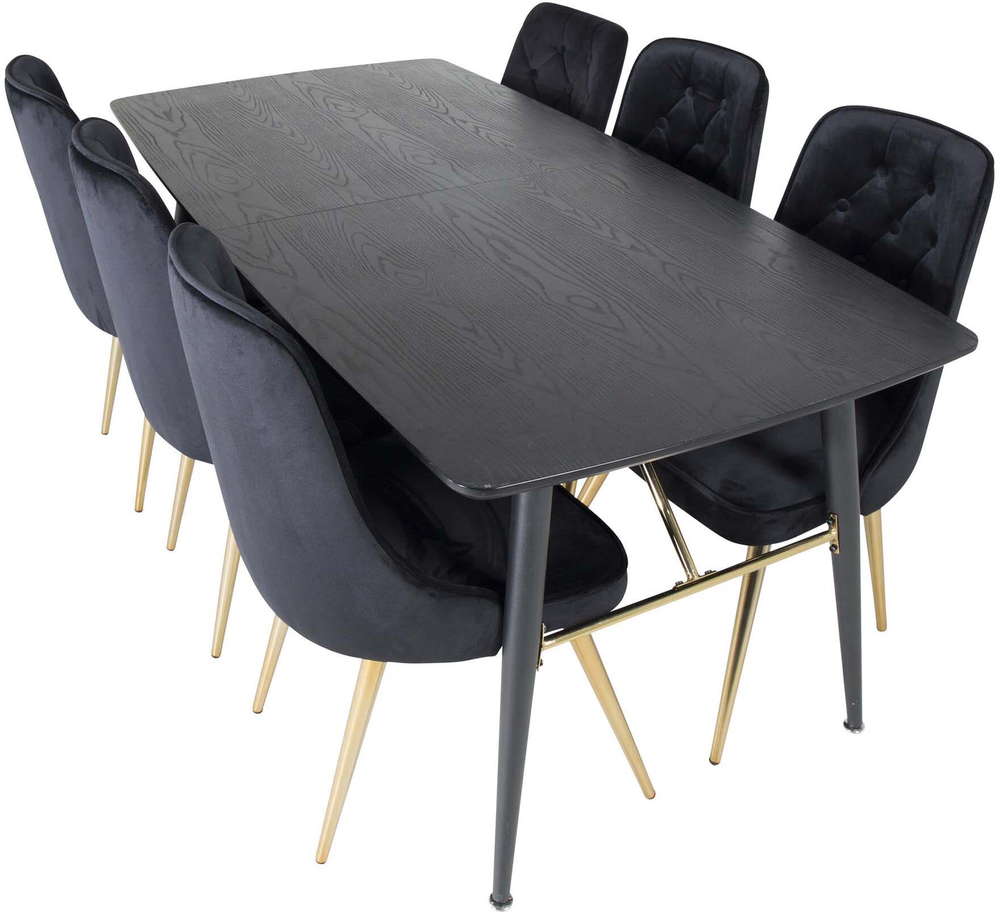 Stilvolles Esszimmerset mit goldfarbenem, erweiterbarem Tisch und luxuriösen Velvet-Stühlen für einladende Dinner und besondere Anlässe.