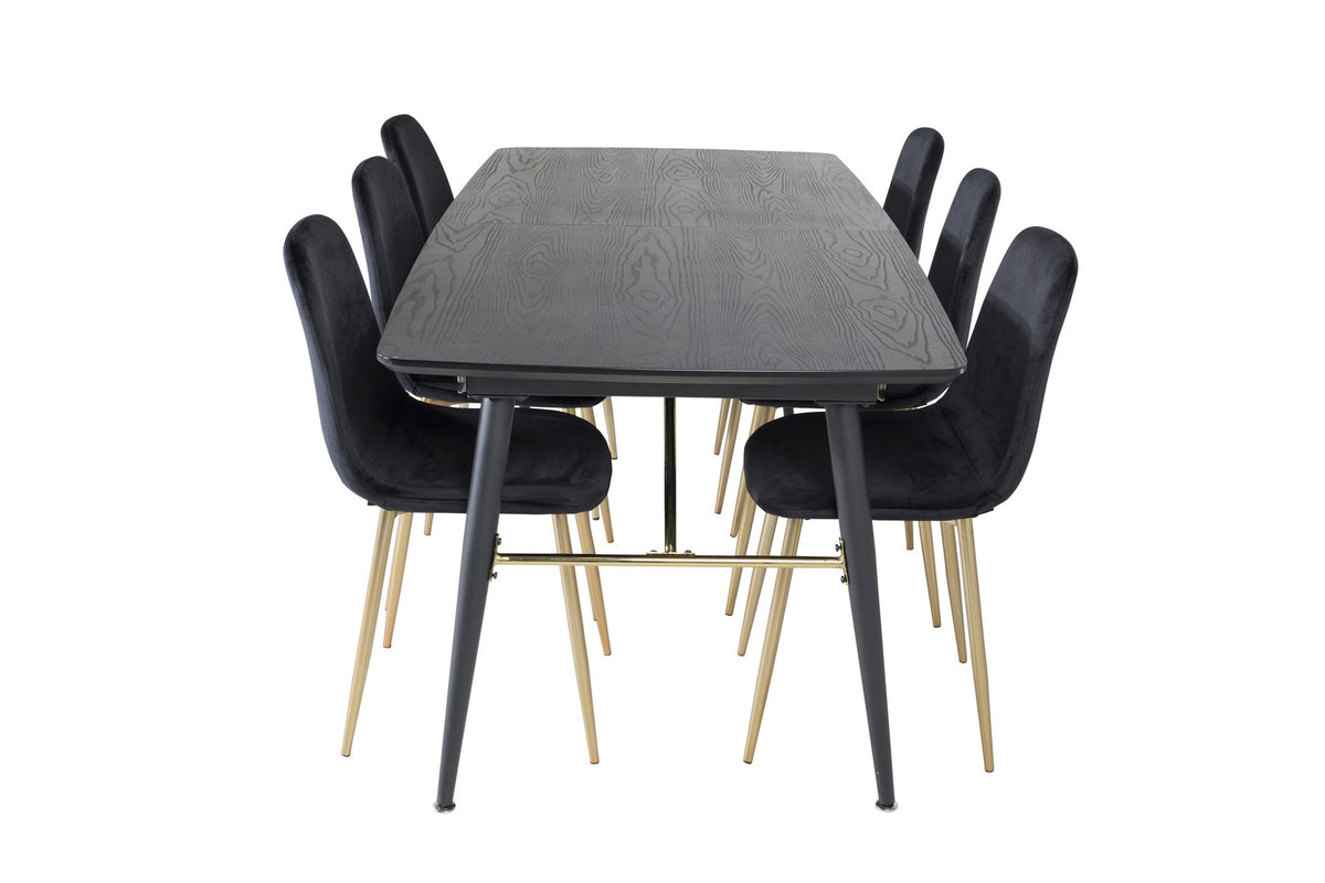 Rechteckiger Esstisch mit schwarzer MDF-Tischplatte und Stahlgestell, dazu zwei schwarze Esszimmerstühle mit gepolsterter Sitzfläche.