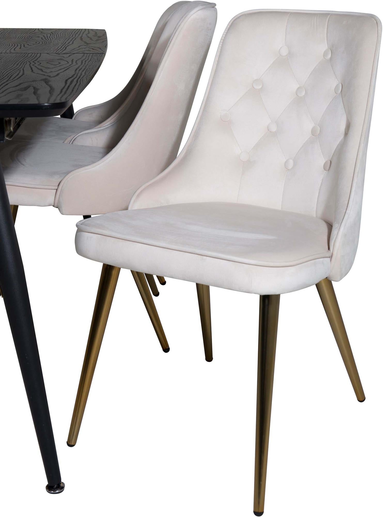 Elegantes Esszimmerset mit goldfarbenem, ausziehbarem Tisch und stilvollen Velvet-Stühlen für unvergessliche Dinner und gemütliche Abende.