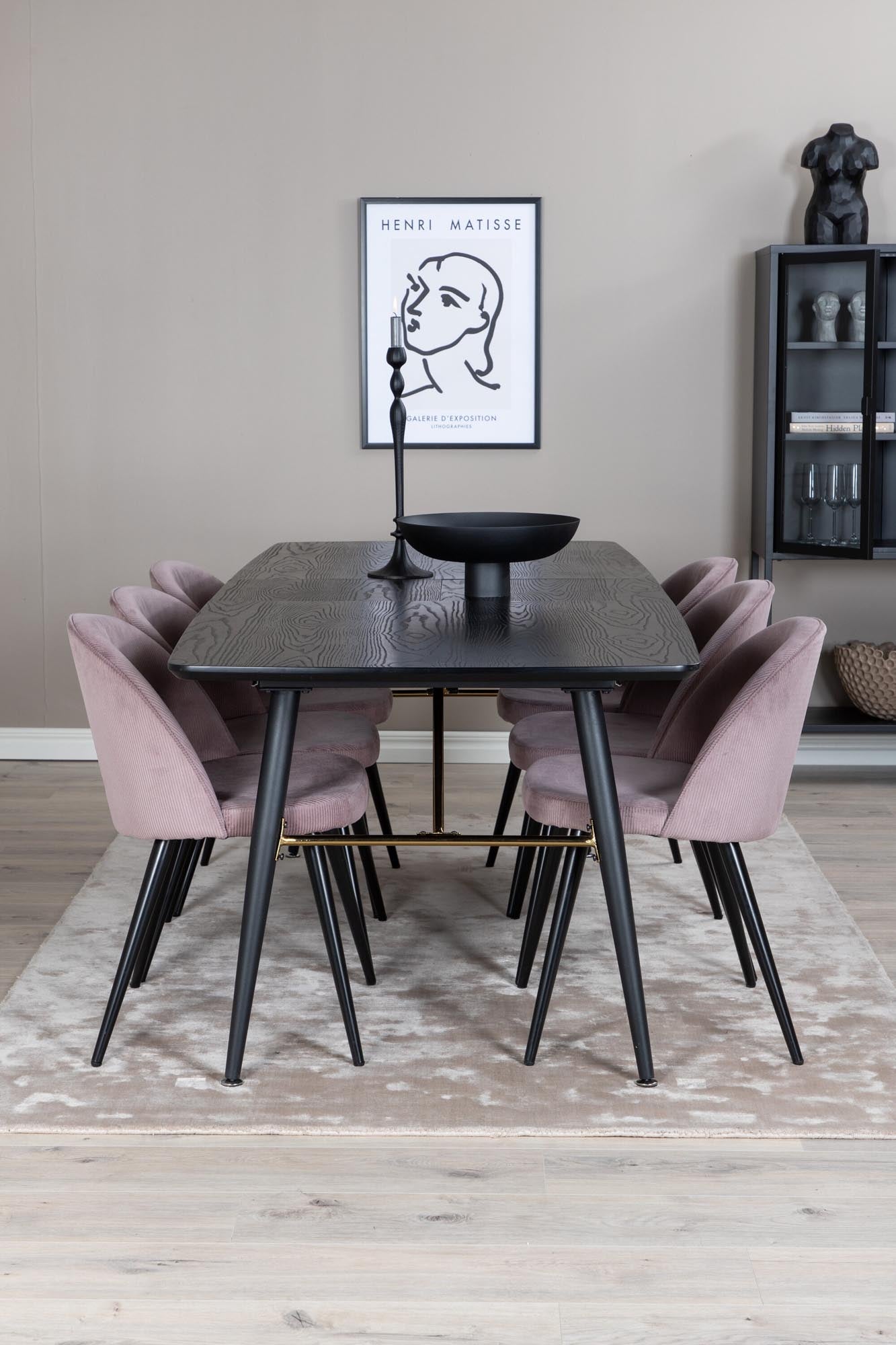 Stilvolles Gold-Esszimmerset, erweiterbar, mit 6 samtigen Stühlen.