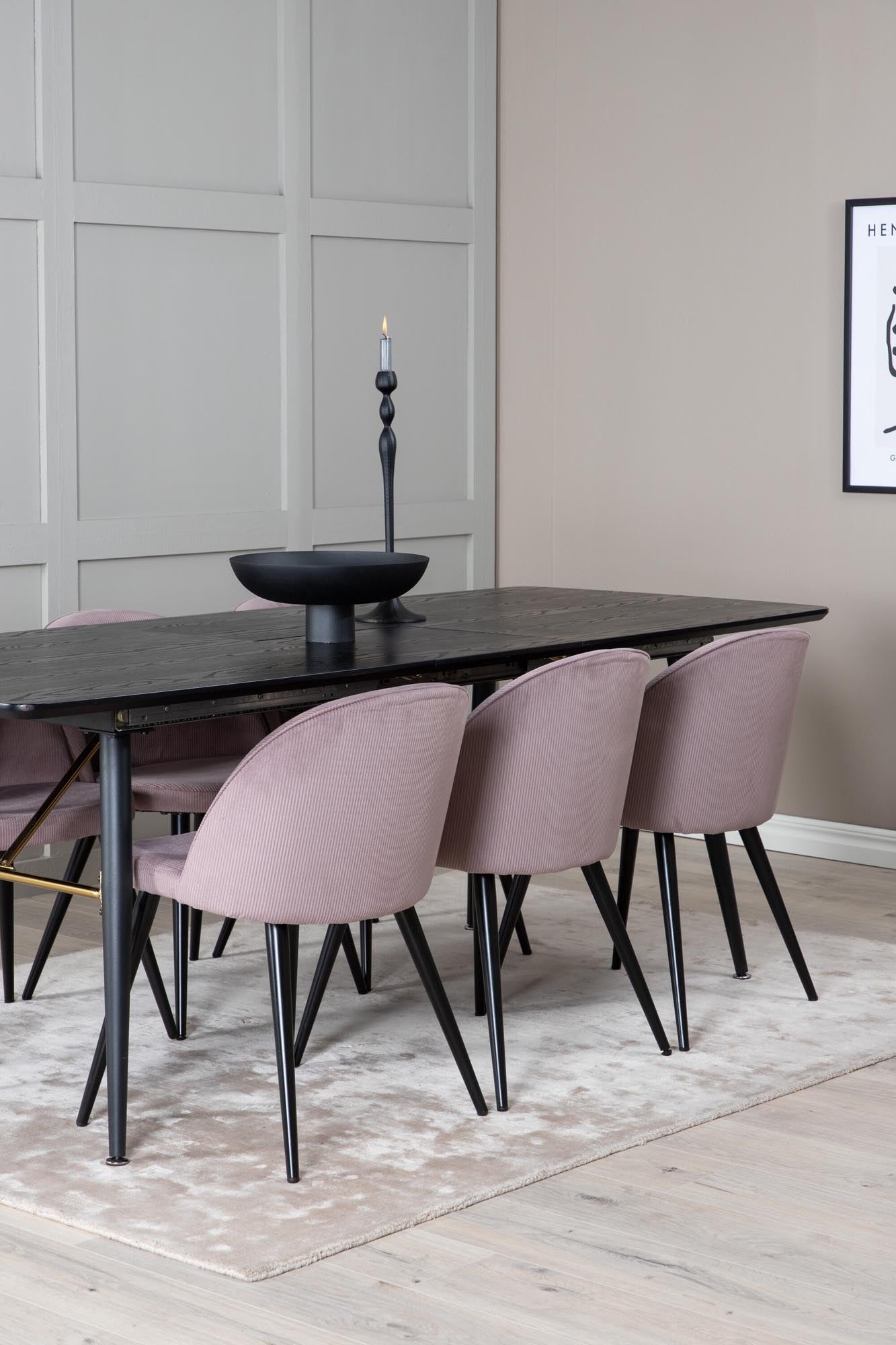 Modernes Gold Esszimmerset mit ausziehbarem Tisch (180 cm) und 6 beigen Samt-Stühlen. Ideal für gesellige Abende und festliche Anlässe.