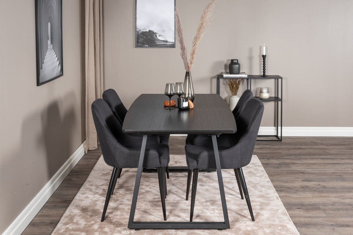 Schwarzes Esszimmerset aus MDF und Stahl: rechteckiger Esstisch 160x85 cm und zwei gepolsterte Stühle mit pulverbeschichtetem Stahlgestell.