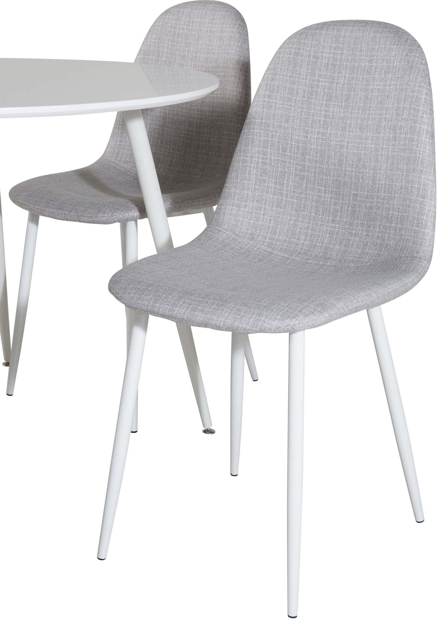 Entdecken Sie das Plaza Esszimmerset + Polar: Ein runder 100 cm Tisch und 4 stilvolle Samtstühle für gesellige Abende und ein elegantes Zuhause.