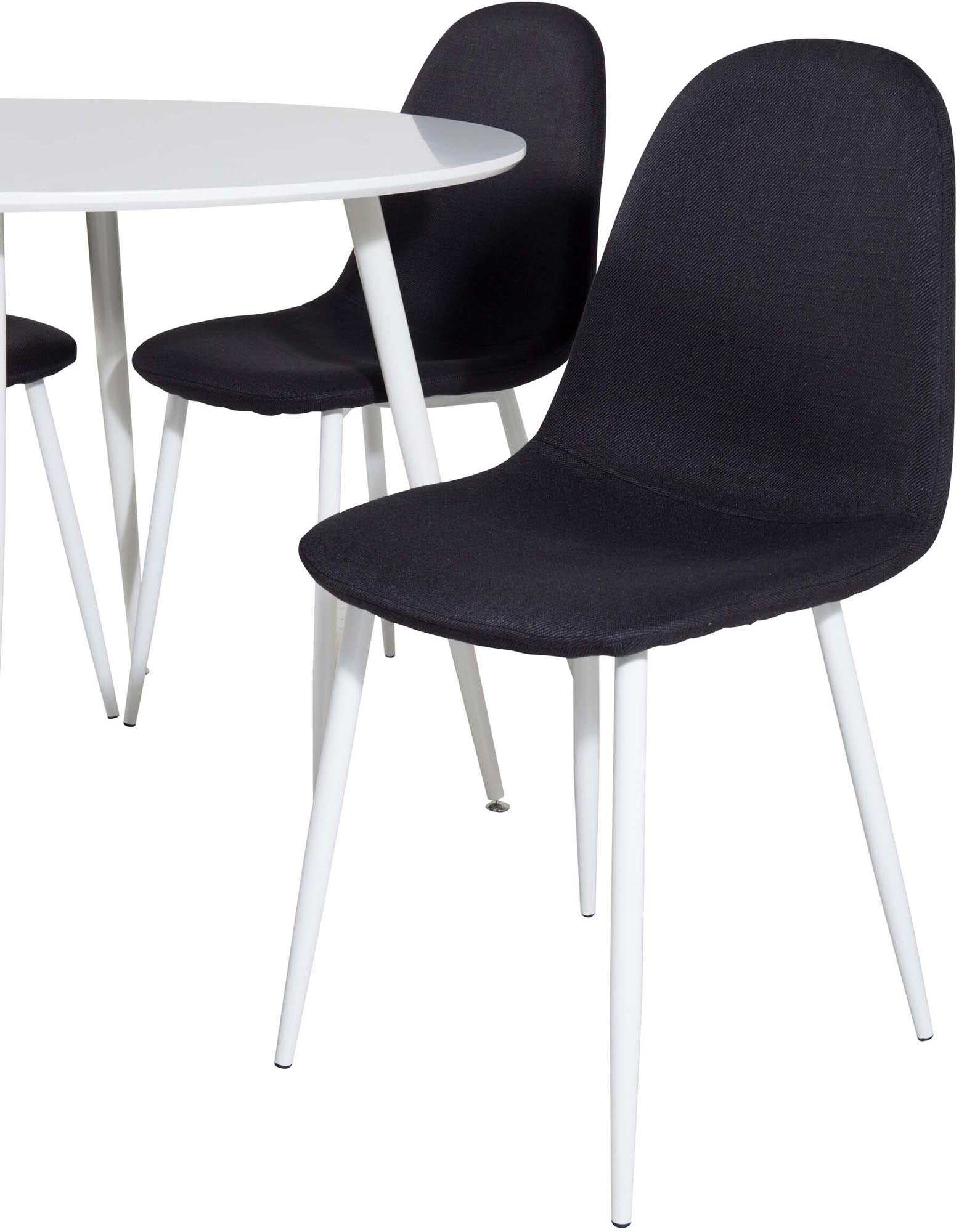 Entdecken Sie das elegante Plaza Esszimmerset von Venture Home: runder 100 cm Tisch und 4 luxuriöse Samtstühle für gesellige Momente.