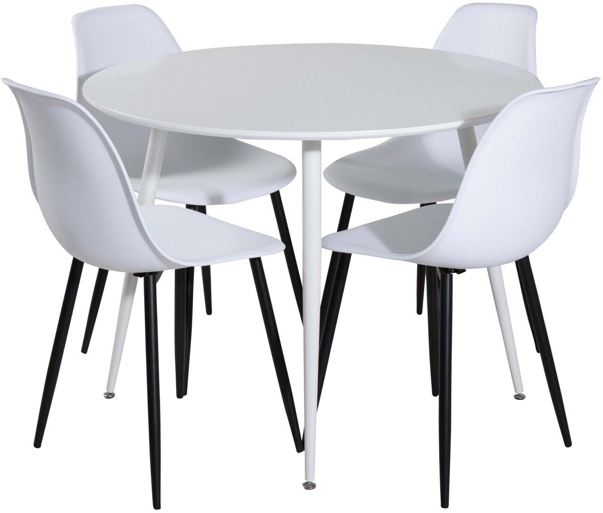 Entdecken Sie das Plaza Esszimmerset + Polar: Ein stilvoller runder Tisch mit 4 bequemen Samtstühlen, perfekt für gesellige Abende und elegantes Ambiente.