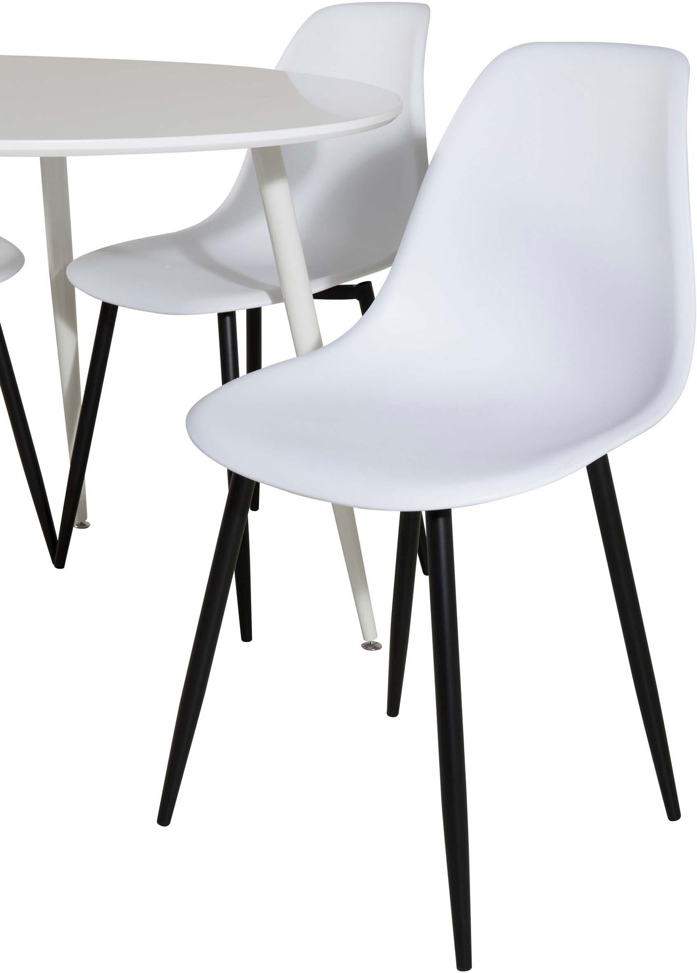 Erleben Sie das Plaza Esszimmerset + Polar: Ein eleganter runder Tisch mit 4 luxuriösen Samtstühlen, ideal für gesellige Runden und stilvolle Essbereiche.