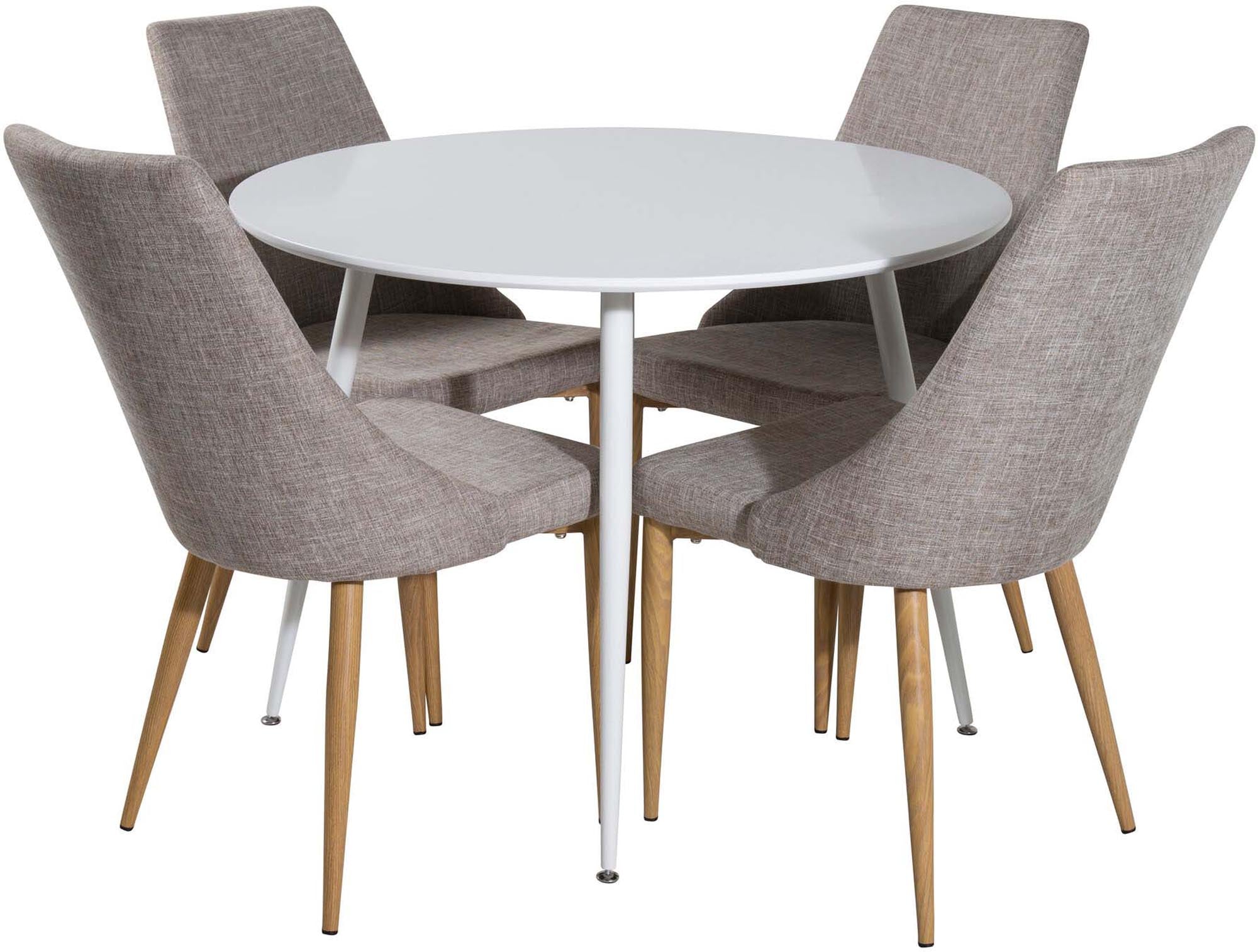 Stilvolles Plaza Esszimmerset mit runden Tisch (100cm) und 4 bequemen Leone-Stühlen. Perfekt für gesellige Abende und modernes Wohnen.