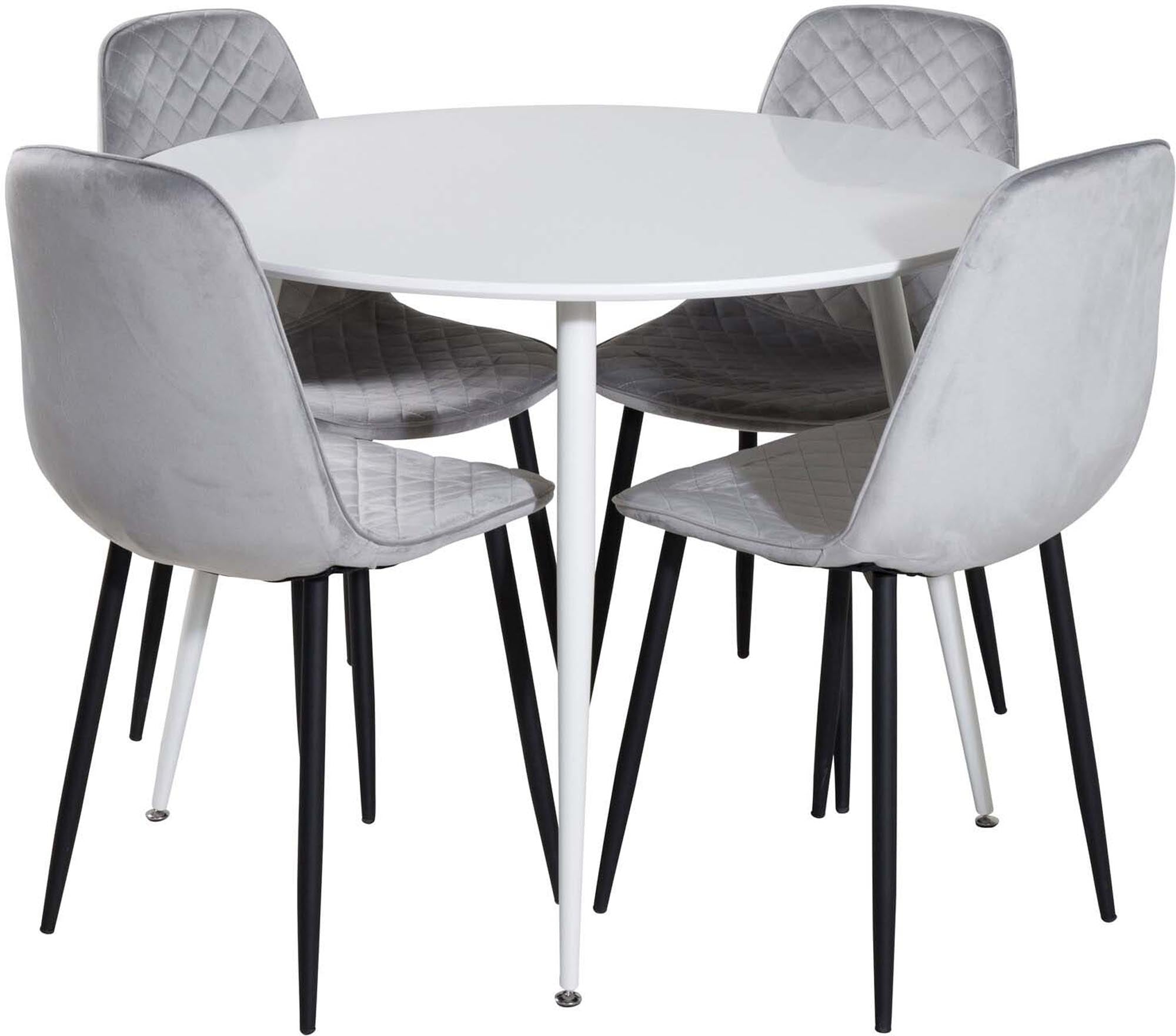 Stilvolles Plaza Esszimmerset mit rundem 100 cm Tisch und 4 luxuriösen Samtstühlen Polar für gemütliche Essrunden und elegantes Ambiente.