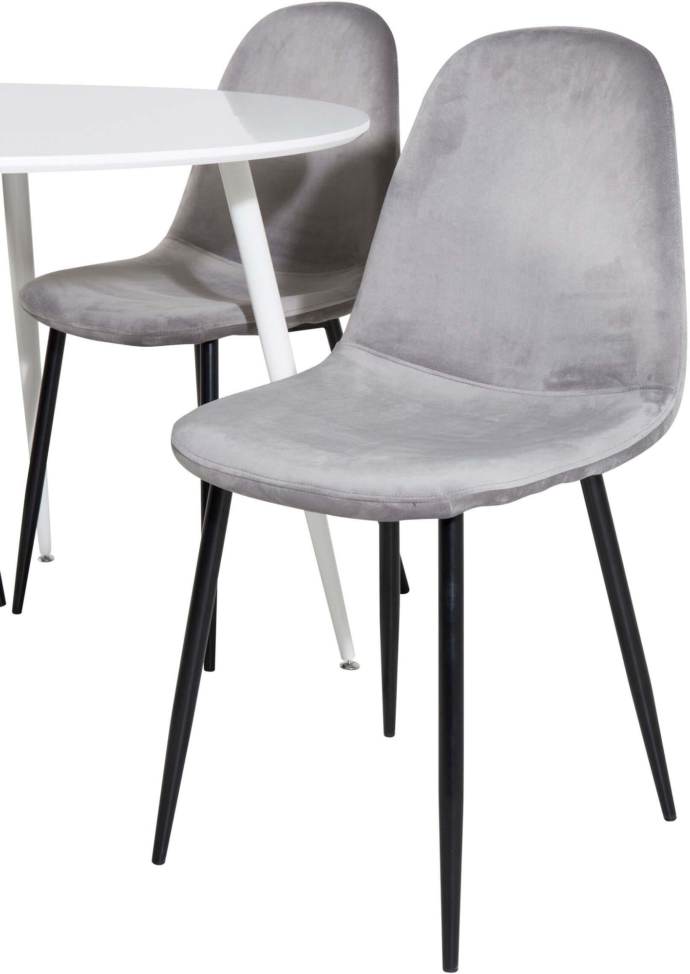 Stilvolles Plaza Esszimmerset mit rundem 100 cm Tisch und 4 eleganten Samtstühlen Polar für gemütliche Essrunden und luxuriöse Atmosphäre.