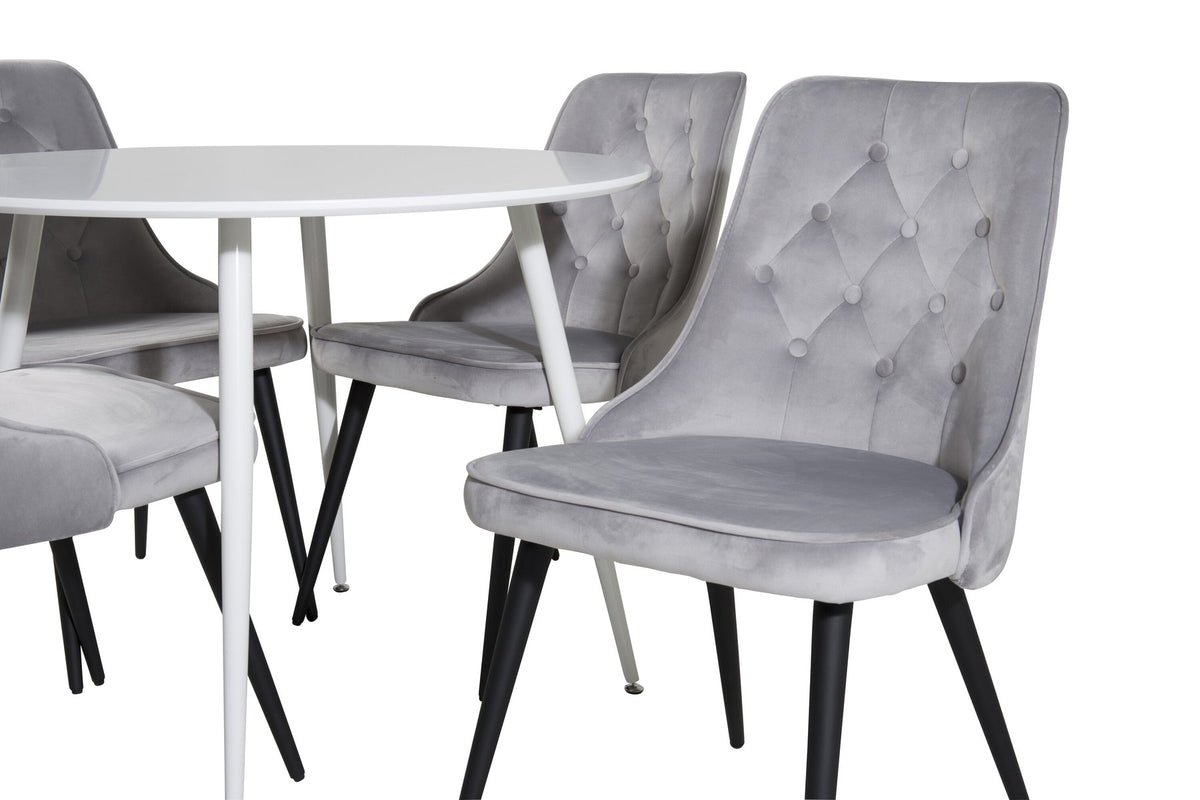 Plaza Bartischset: Hoher Esstisch mit weisser MDF-Tischplatte auf Stahlbeinen, dazu Velvet Deluxe Stühle mit schwarz pulverbeschichtetem Gestell.