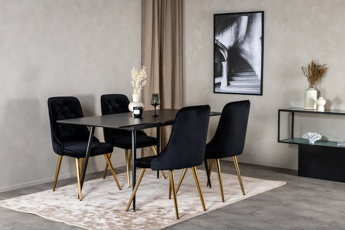 Silar Esszimmerset ausziehbar + Velvet Deluxe 120cm/4St. in Schwarz / Gold präsentiert im Onlineshop von KAQTU Design AG. Esszimmerset ist von Venture Home