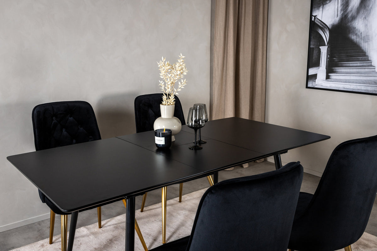Silar Esszimmerset ausziehbar + Velvet Deluxe 120cm/4St. in Schwarz / Gold präsentiert im Onlineshop von KAQTU Design AG. Esszimmerset ist von Venture Home
