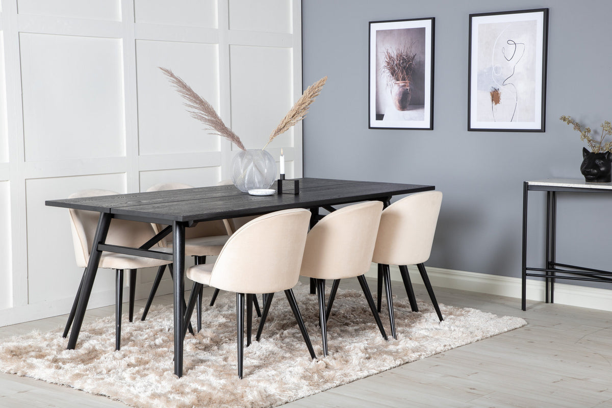 Esszimmerset Sleek & Velvet mit rechteckigem schwarzem Eichentisch und zwei beigen Stühlen