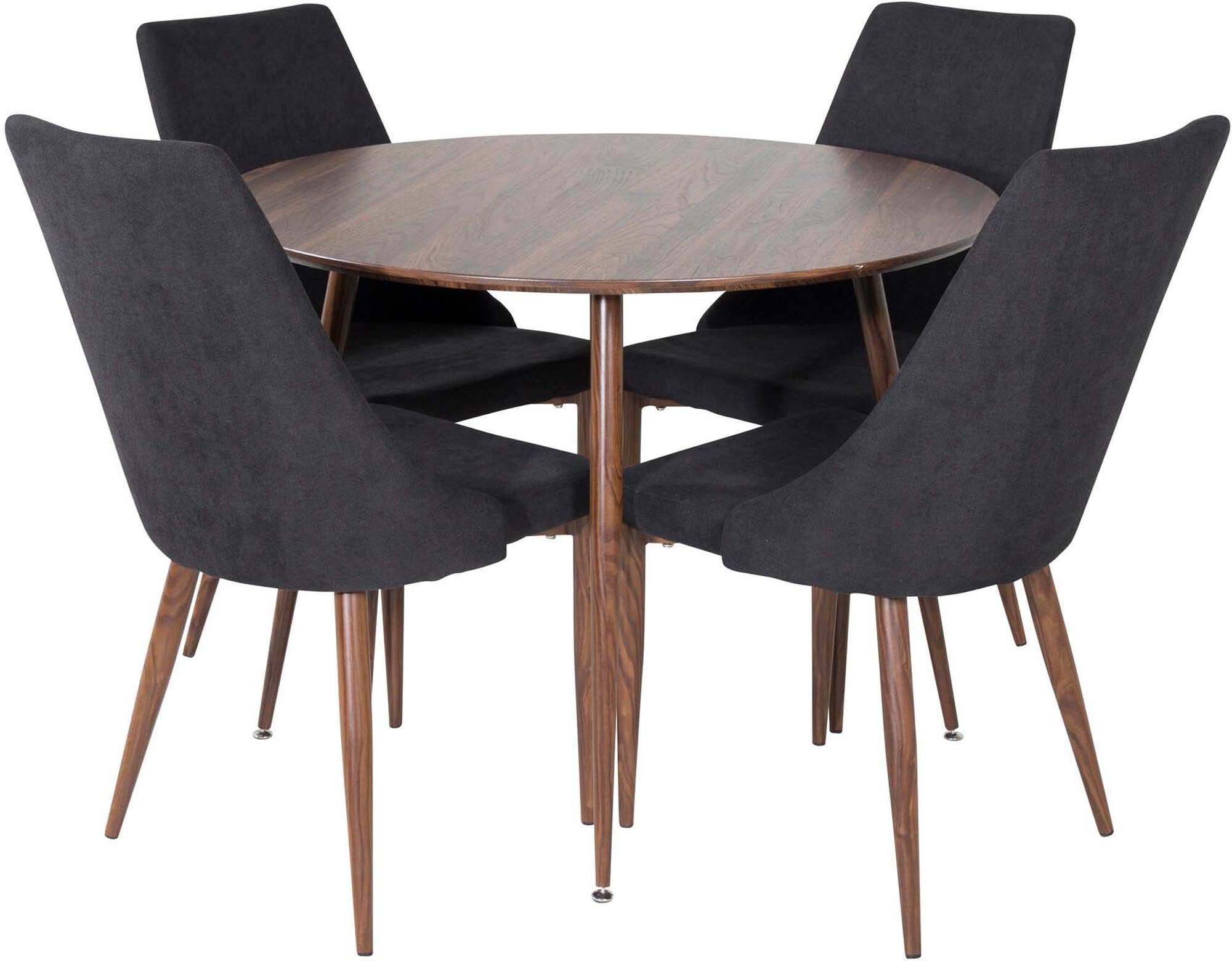 Stilvolles Plaza Esszimmerset mit 100 cm Tisch und 4 Leone-Stühlen. Perfekt für gemütliche Zusammenkünfte und modernes Wohndesign.